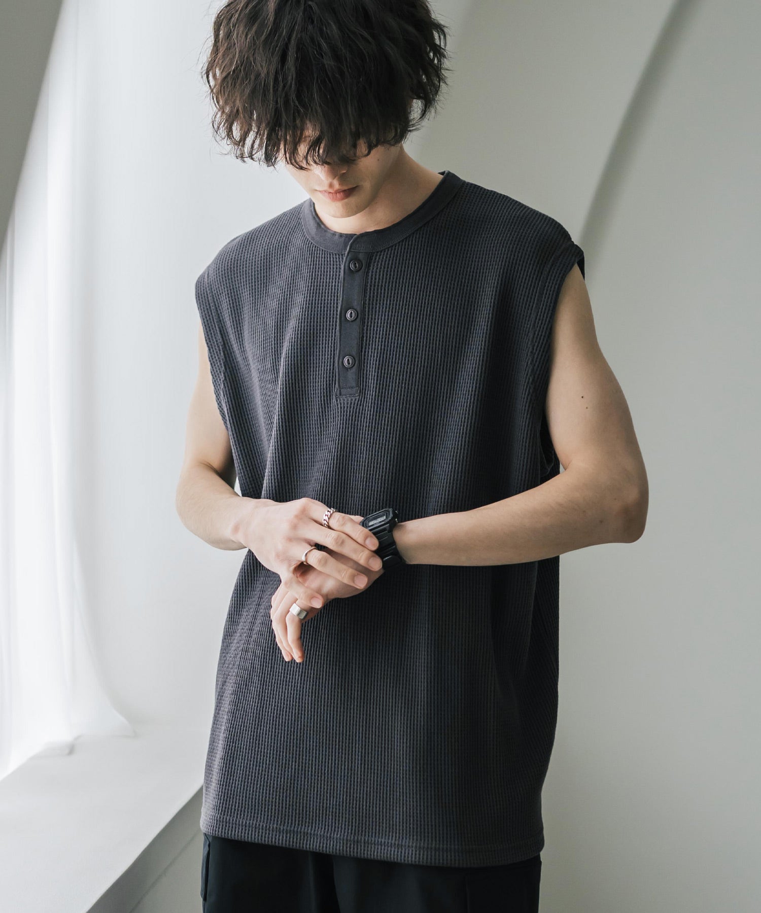 Cワッフルヘンリーネックタンクトップ 15577