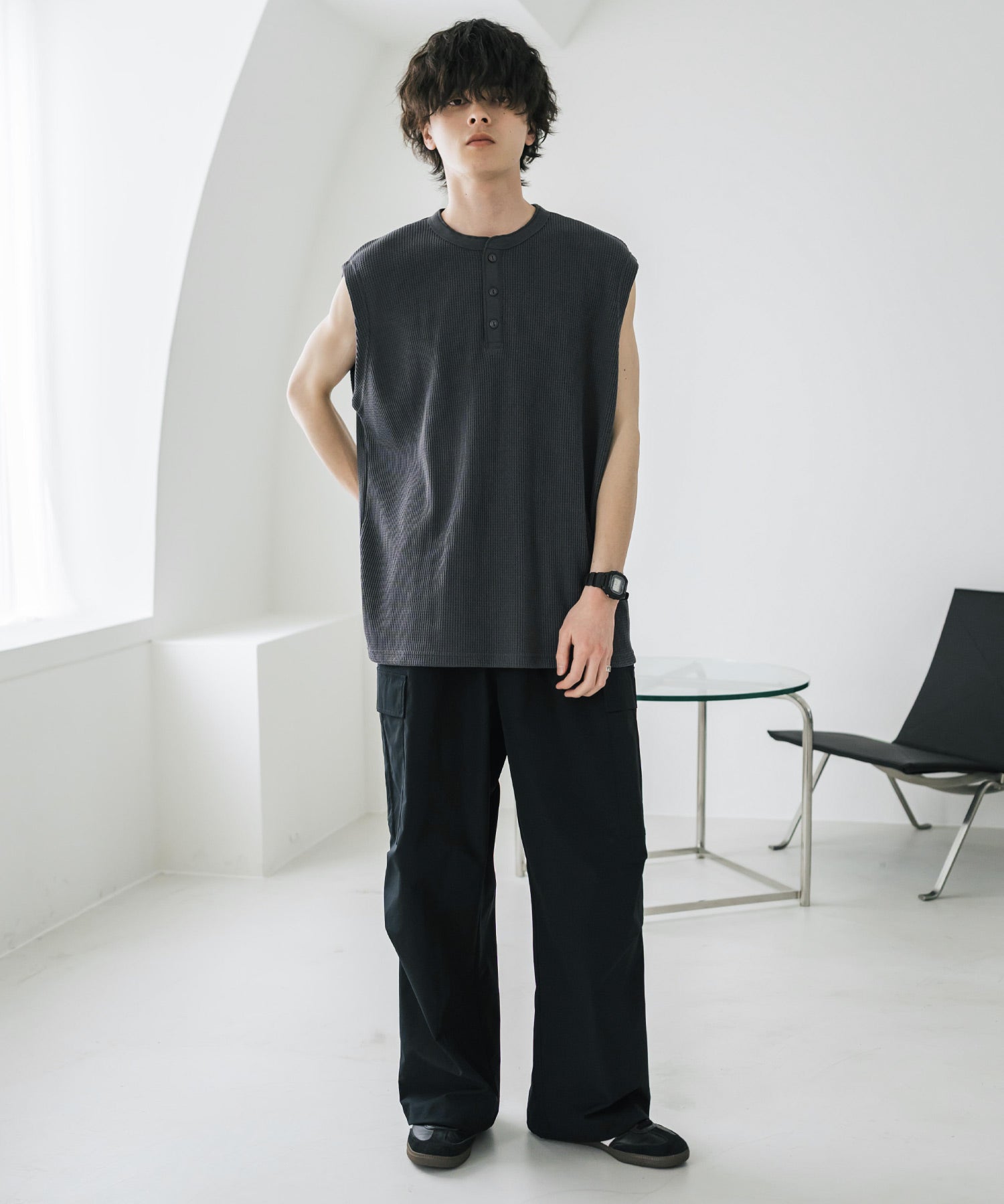 オーバーサイズ T/Cワッフルヘンリーネックタンクトップ 15577