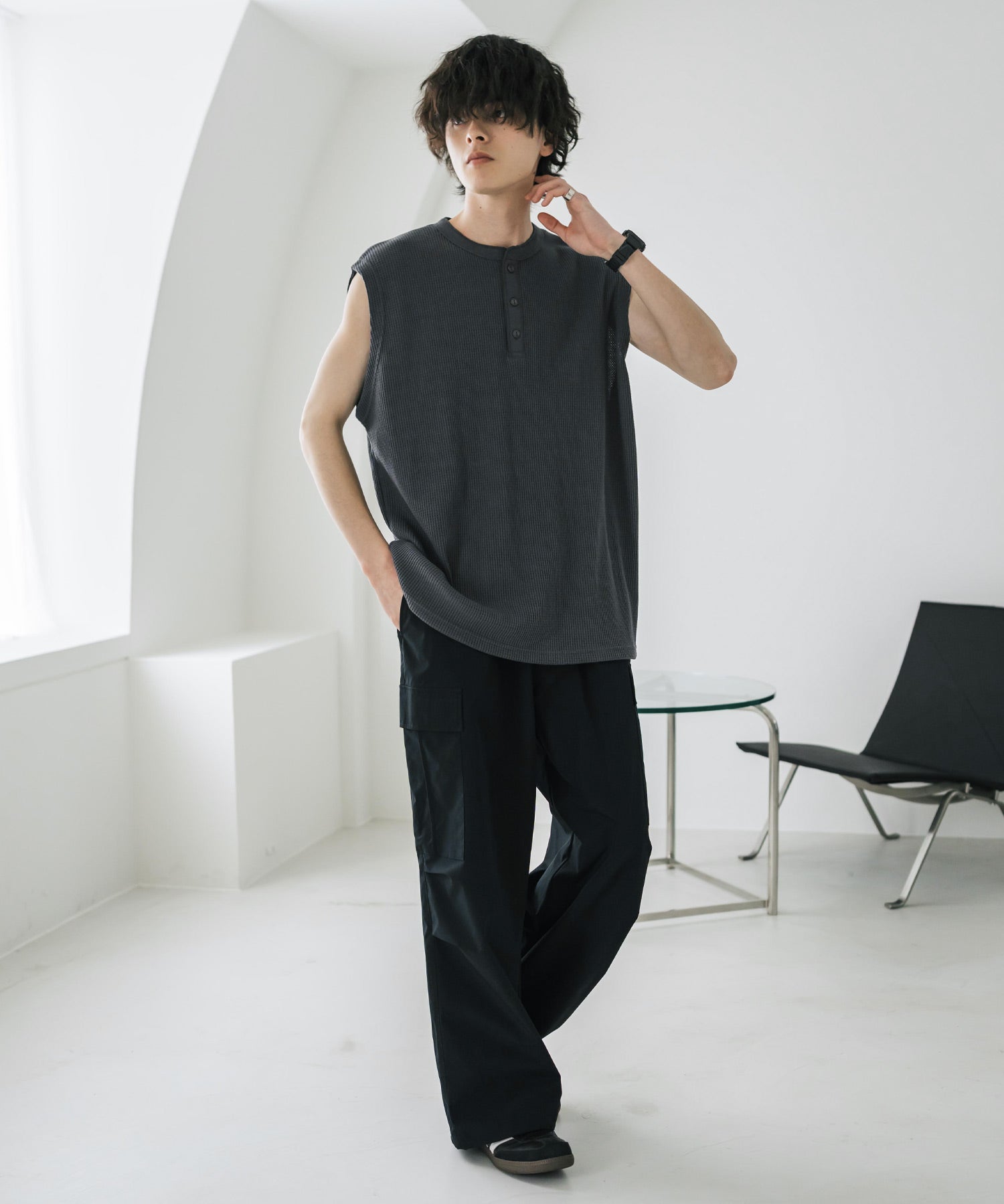 オーバーサイズ T/Cワッフルヘンリーネックタンクトップ 15577