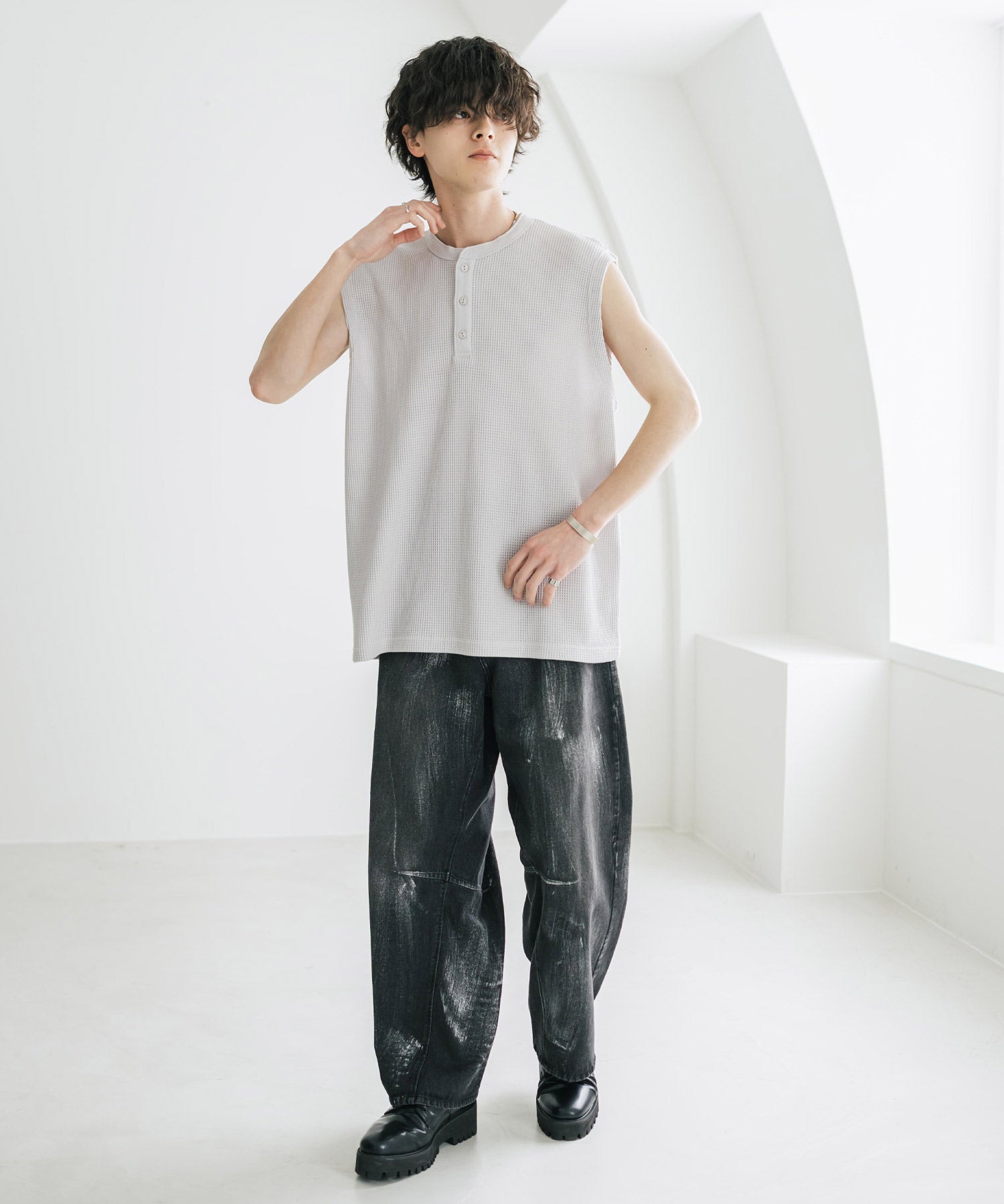 オーバーサイズ T/Cワッフルヘンリーネックタンクトップ 15577