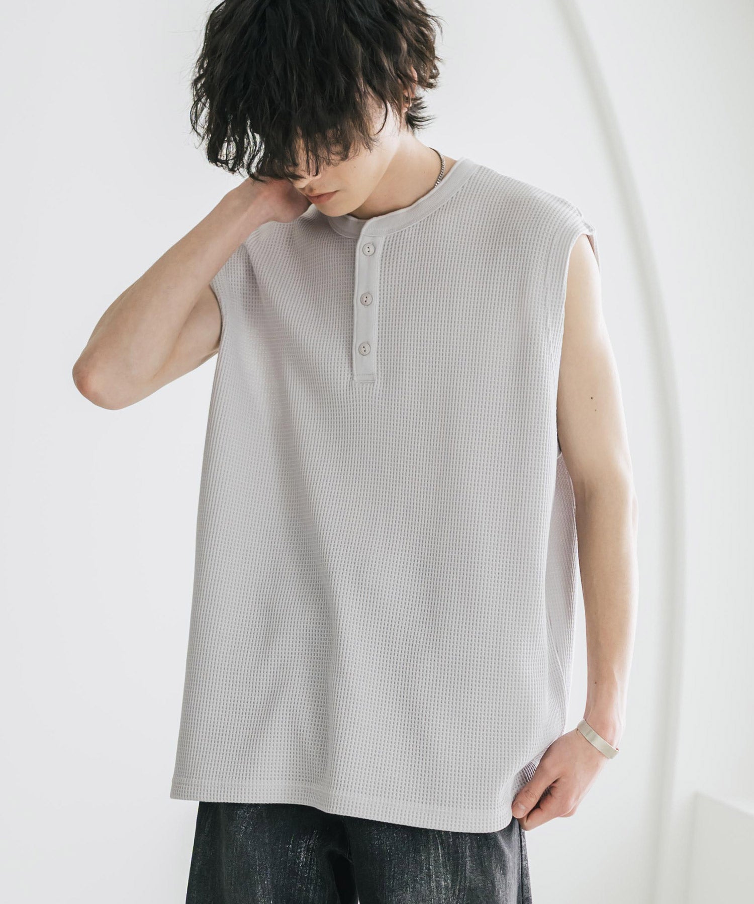 オーバーサイズ T/Cワッフルヘンリーネックタンクトップ 15577