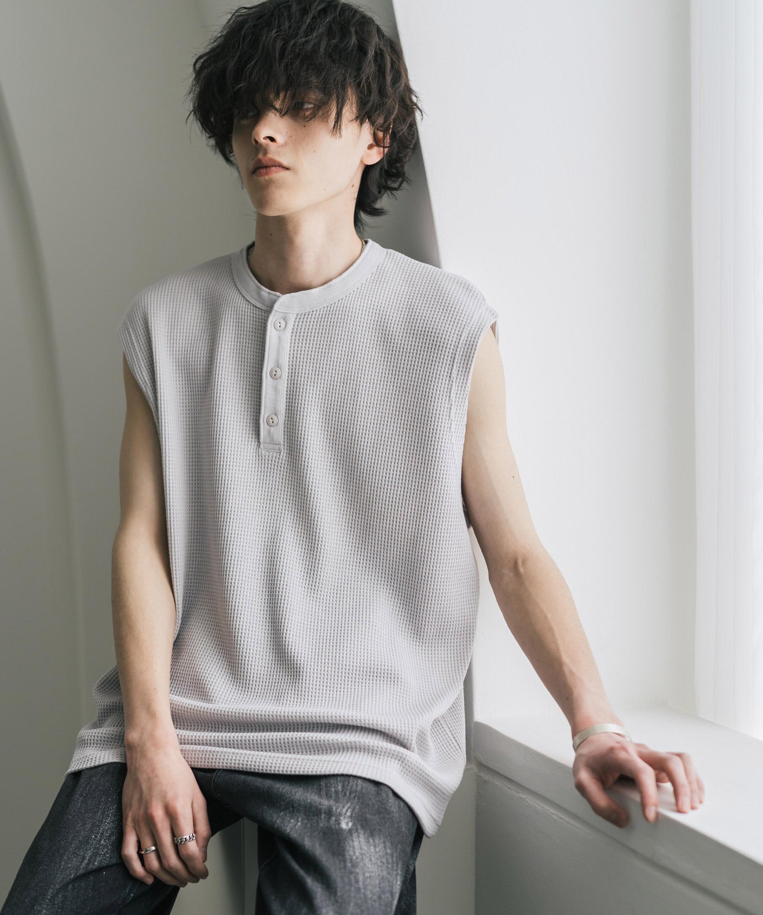 オーバーサイズ T/Cワッフルヘンリーネックタンクトップ 15577