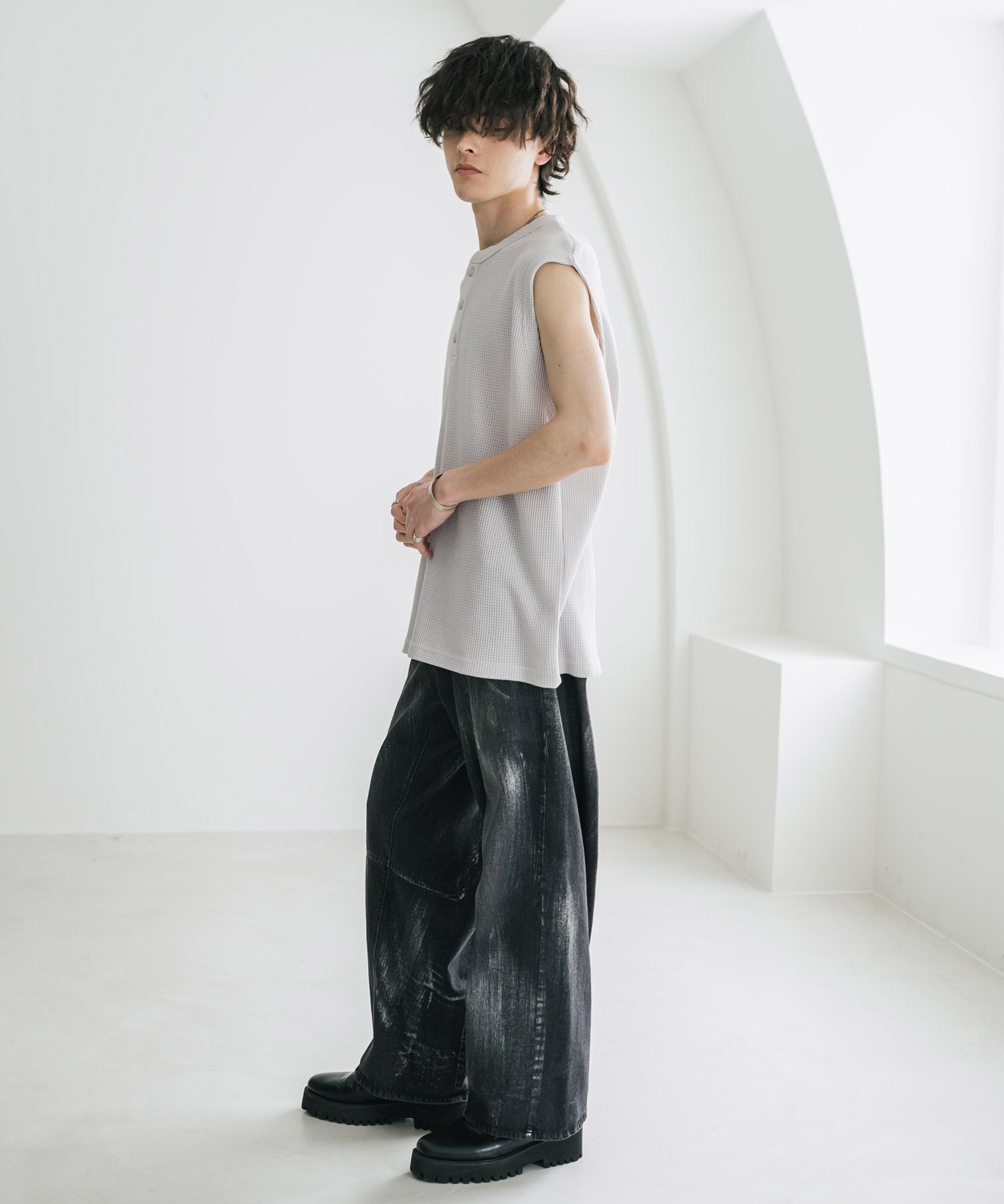 オーバーサイズ T/Cワッフルヘンリーネックタンクトップ 15577