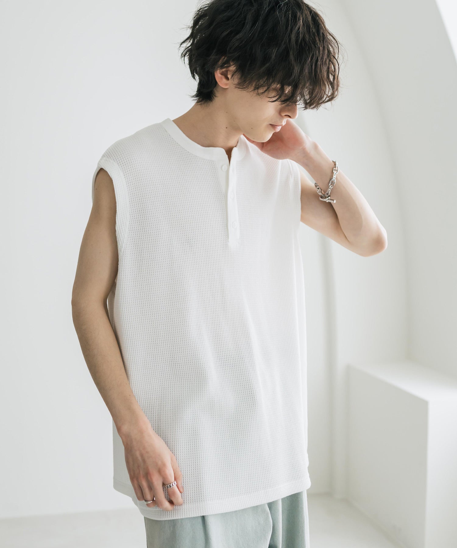 オーバーサイズ T/Cワッフルヘンリーネックタンクトップ 15577