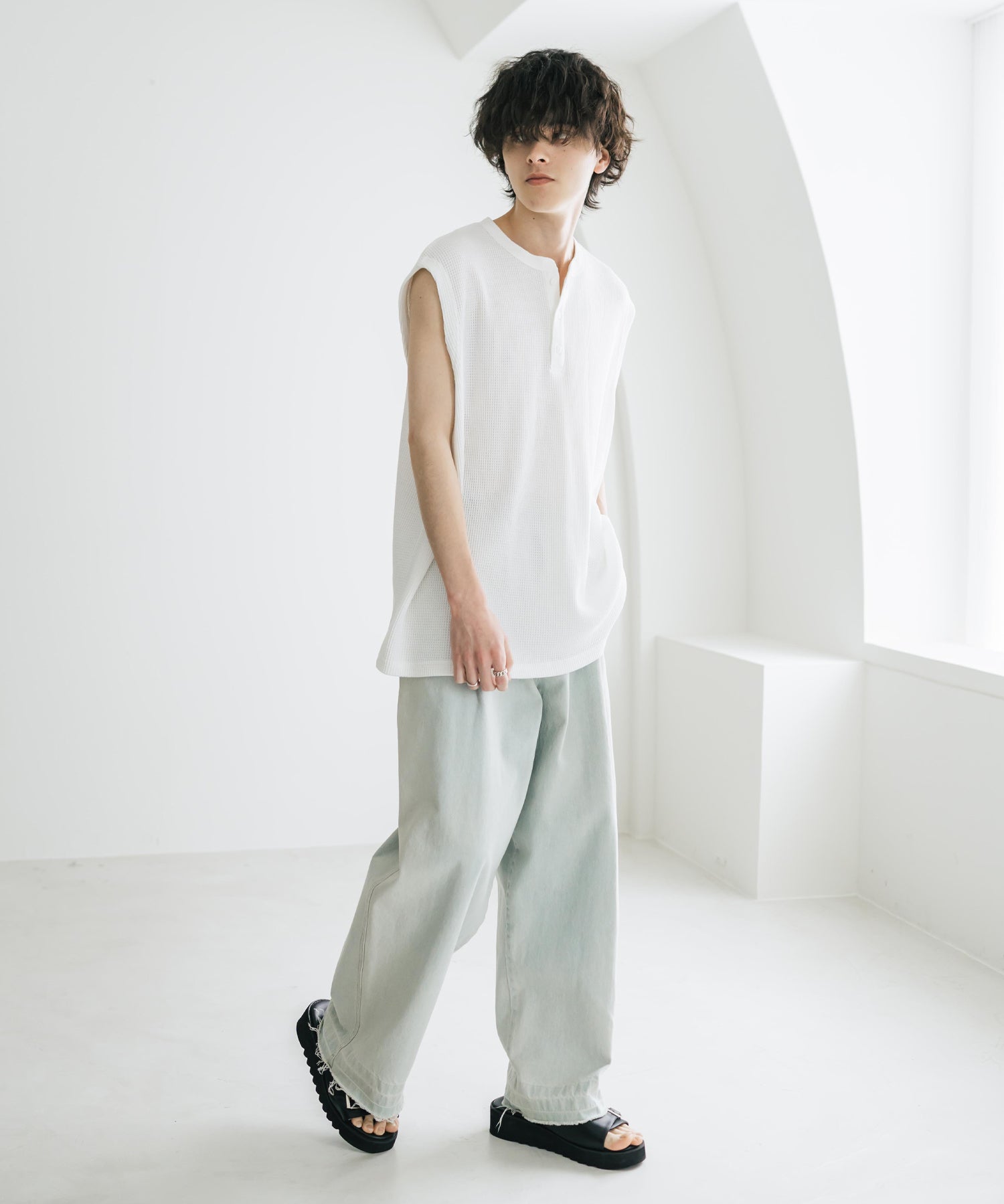 オーバーサイズ T/Cワッフルヘンリーネックタンクトップ 15577