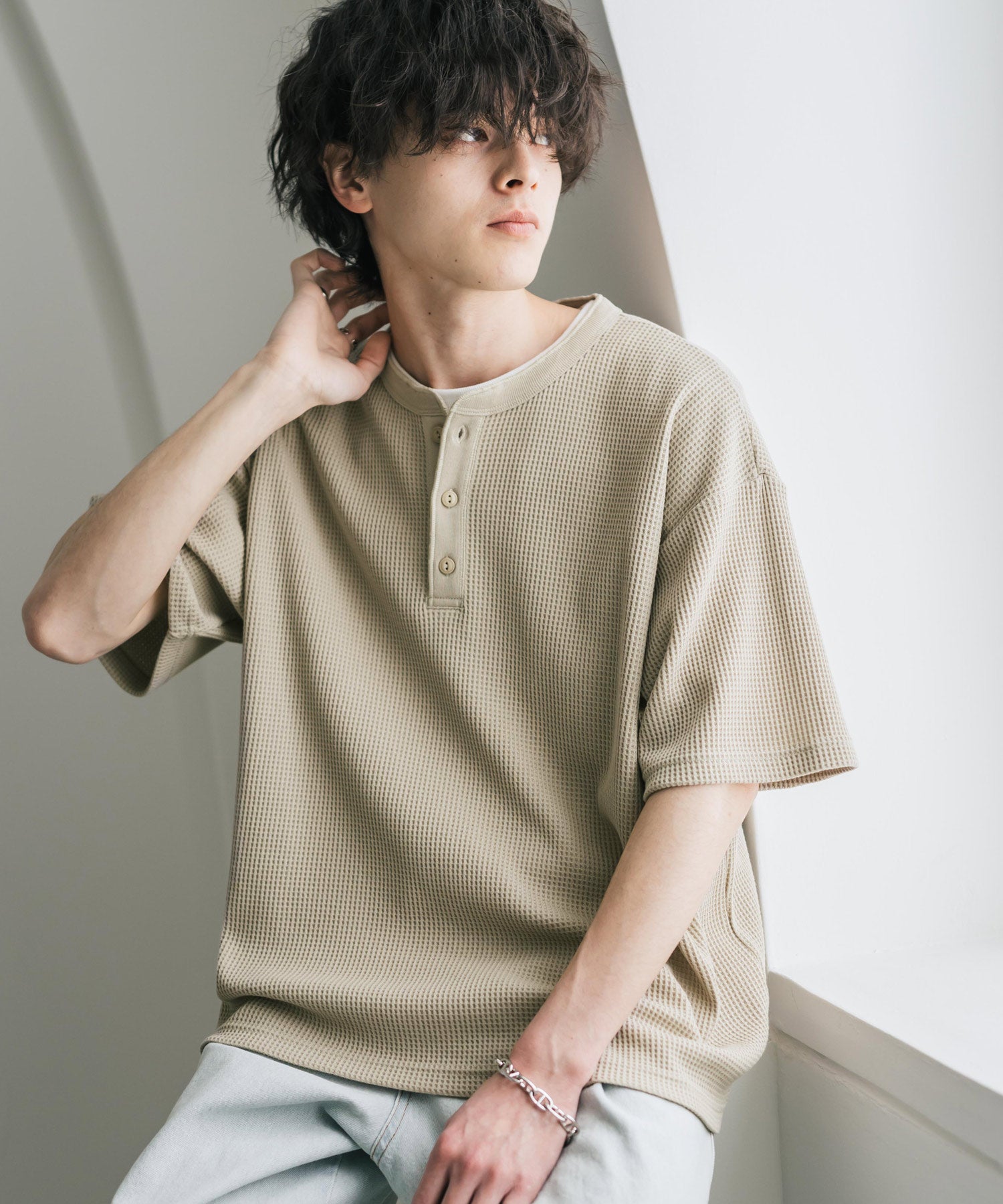 オーバーサイズ T/Cワッフルヘンリーネック半袖Tシャツ 15578
