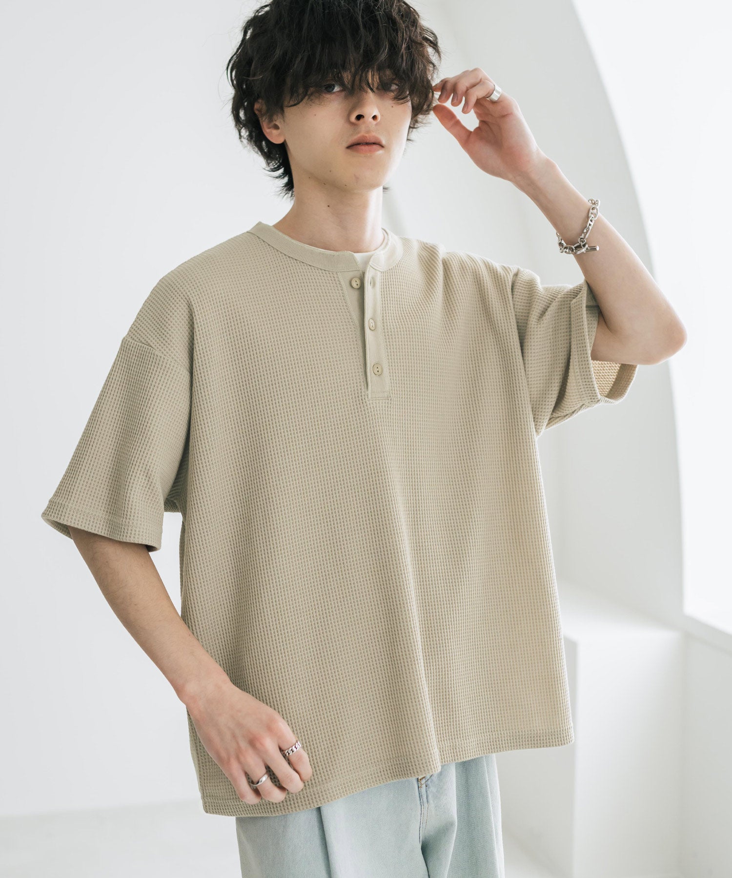 オーバーサイズ T/Cワッフルヘンリーネック半袖Tシャツ 15578