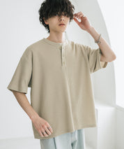 オーバーサイズ T/Cワッフルヘンリーネック半袖Tシャツ 15578