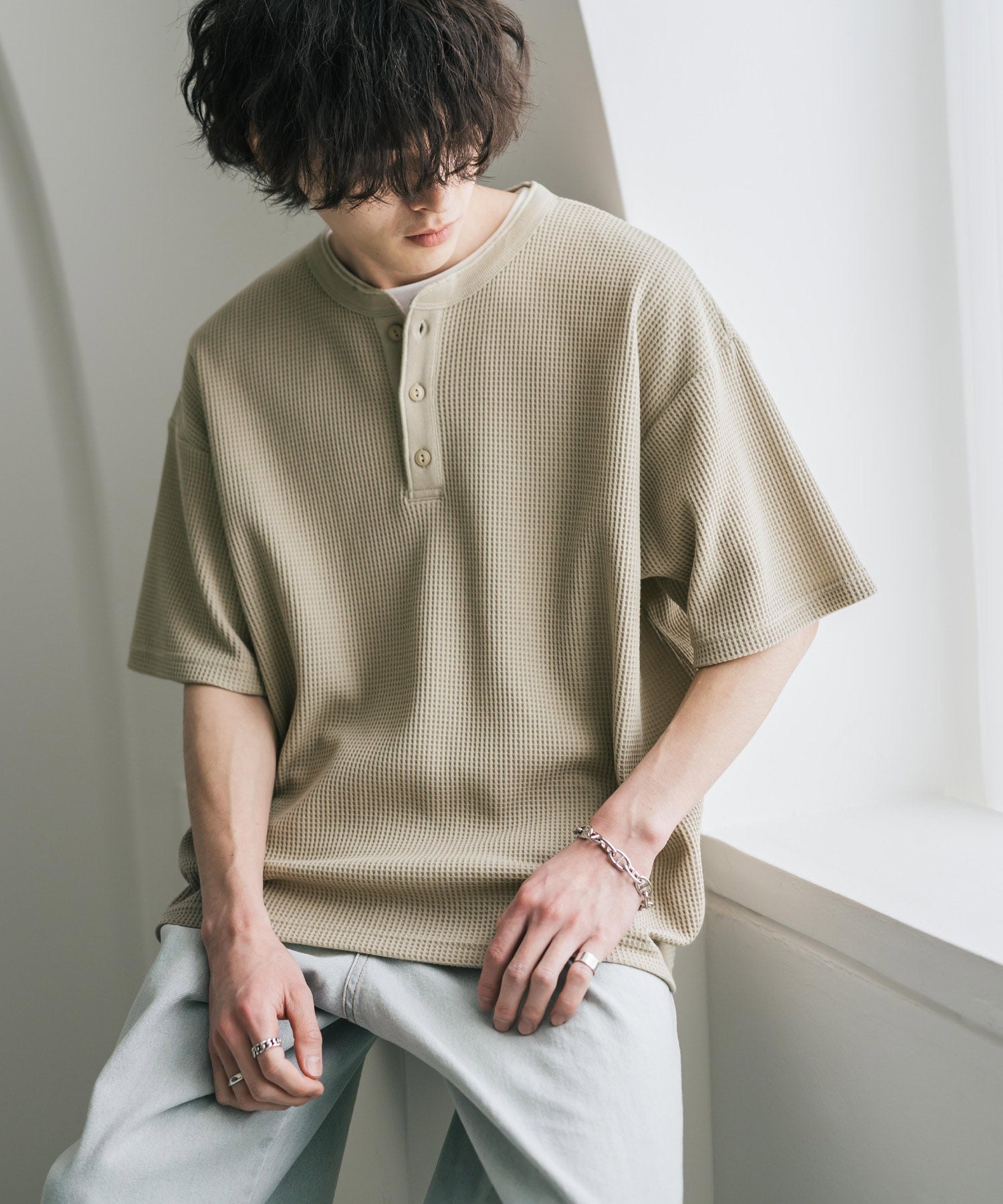 オーバーサイズ T/Cワッフルヘンリーネック半袖Tシャツ 15578