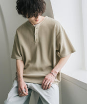 オーバーサイズ T/Cワッフルヘンリーネック半袖Tシャツ 15578