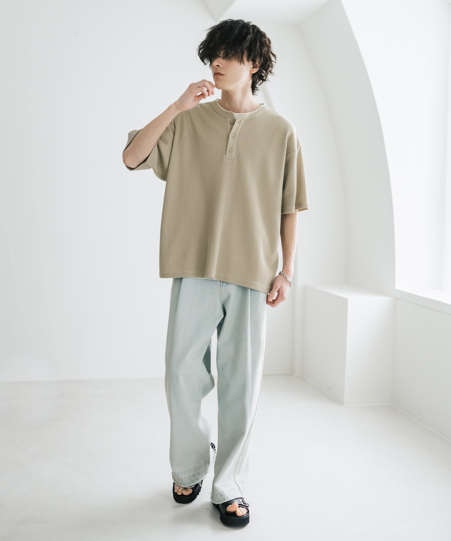 オーバーサイズ T/Cワッフルヘンリーネック半袖Tシャツ 15578