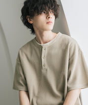 オーバーサイズ T/Cワッフルヘンリーネック半袖Tシャツ 15578