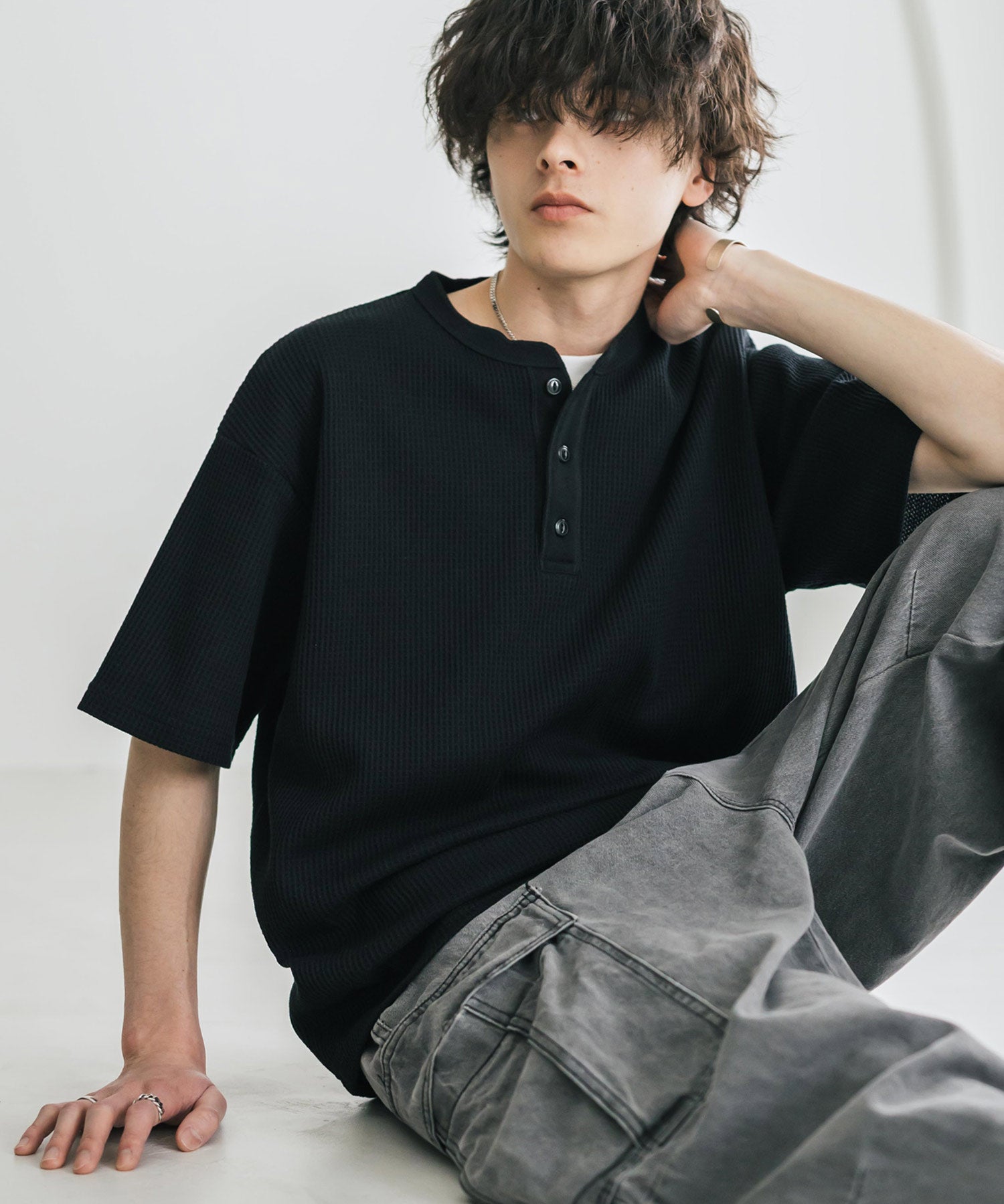 オーバーサイズ T/Cワッフルヘンリーネック半袖Tシャツ 15578