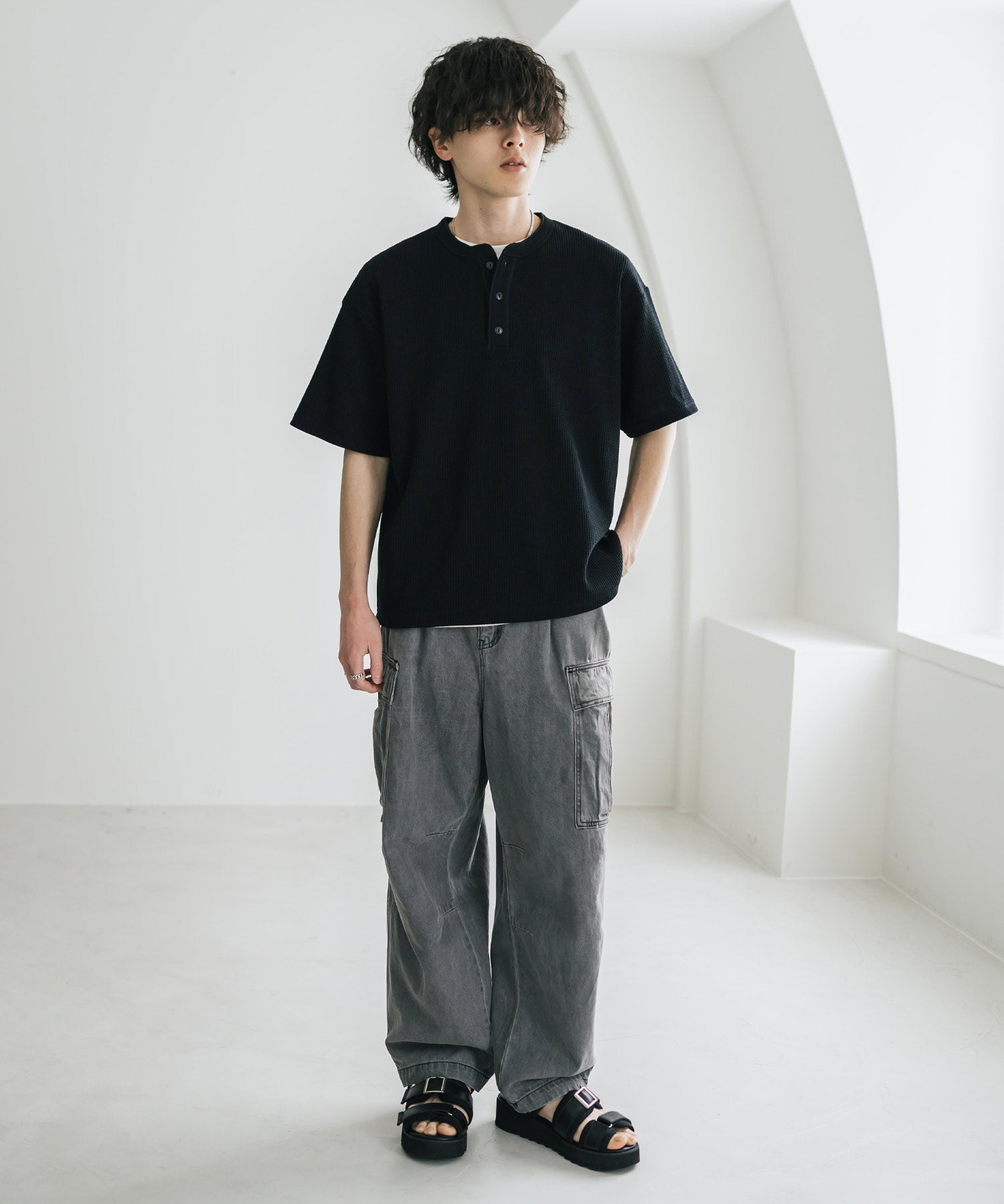 オーバーサイズ T/Cワッフルヘンリーネック半袖Tシャツ 15578