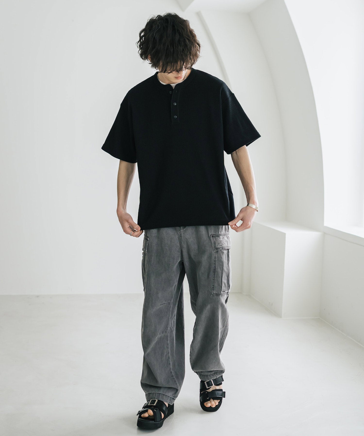 オーバーサイズ T/Cワッフルヘンリーネック半袖Tシャツ 15578