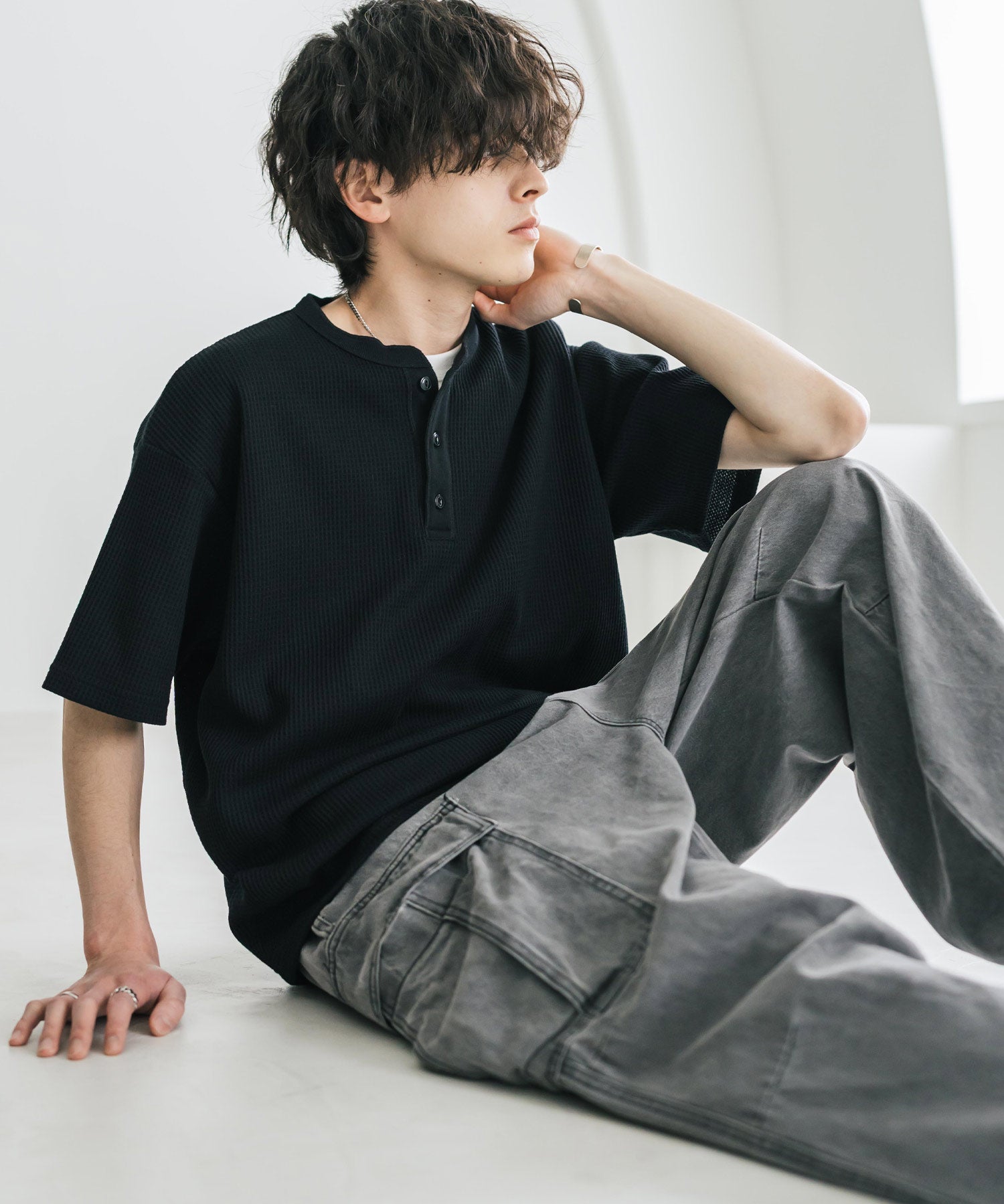 オーバーサイズ T/Cワッフルヘンリーネック半袖Tシャツ 15578
