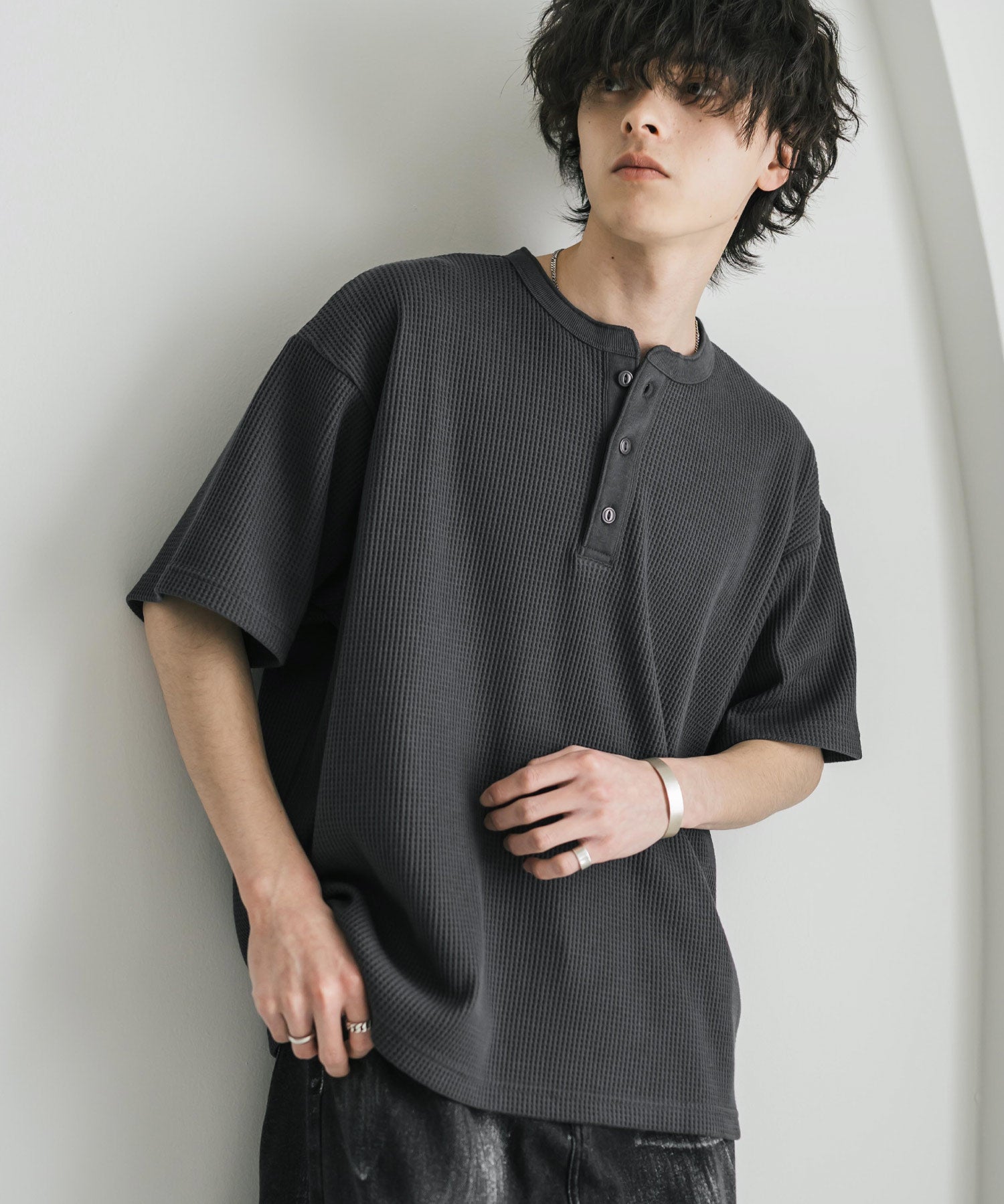 オーバーサイズ T/Cワッフルヘンリーネック半袖Tシャツ 15578