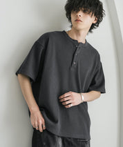 オーバーサイズ T/Cワッフルヘンリーネック半袖Tシャツ 15578