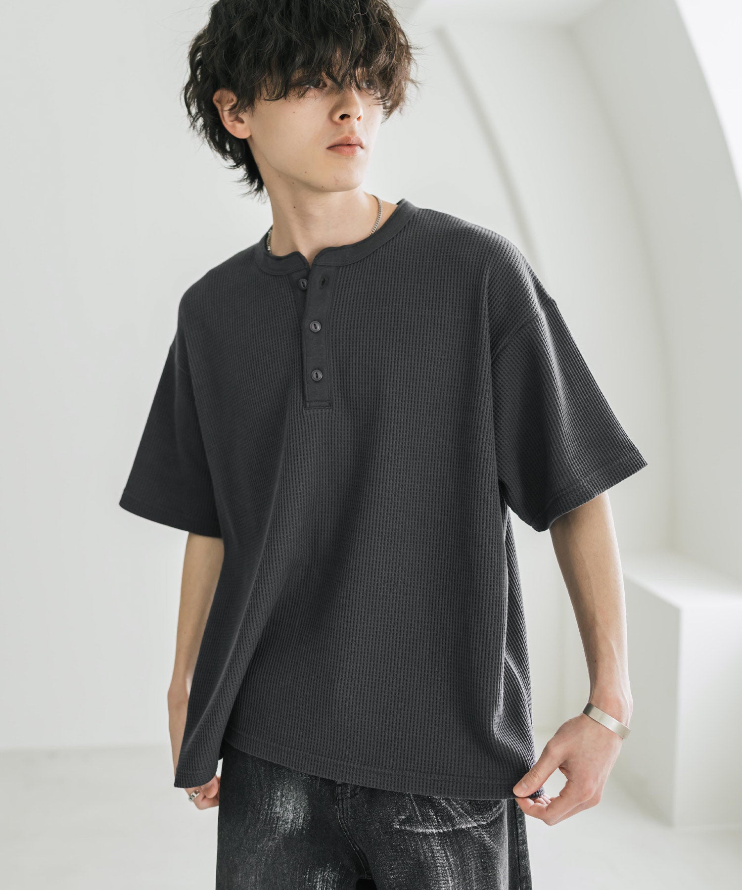 オーバーサイズ T/Cワッフルヘンリーネック半袖Tシャツ 15578