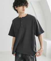 オーバーサイズ T/Cワッフルヘンリーネック半袖Tシャツ 15578