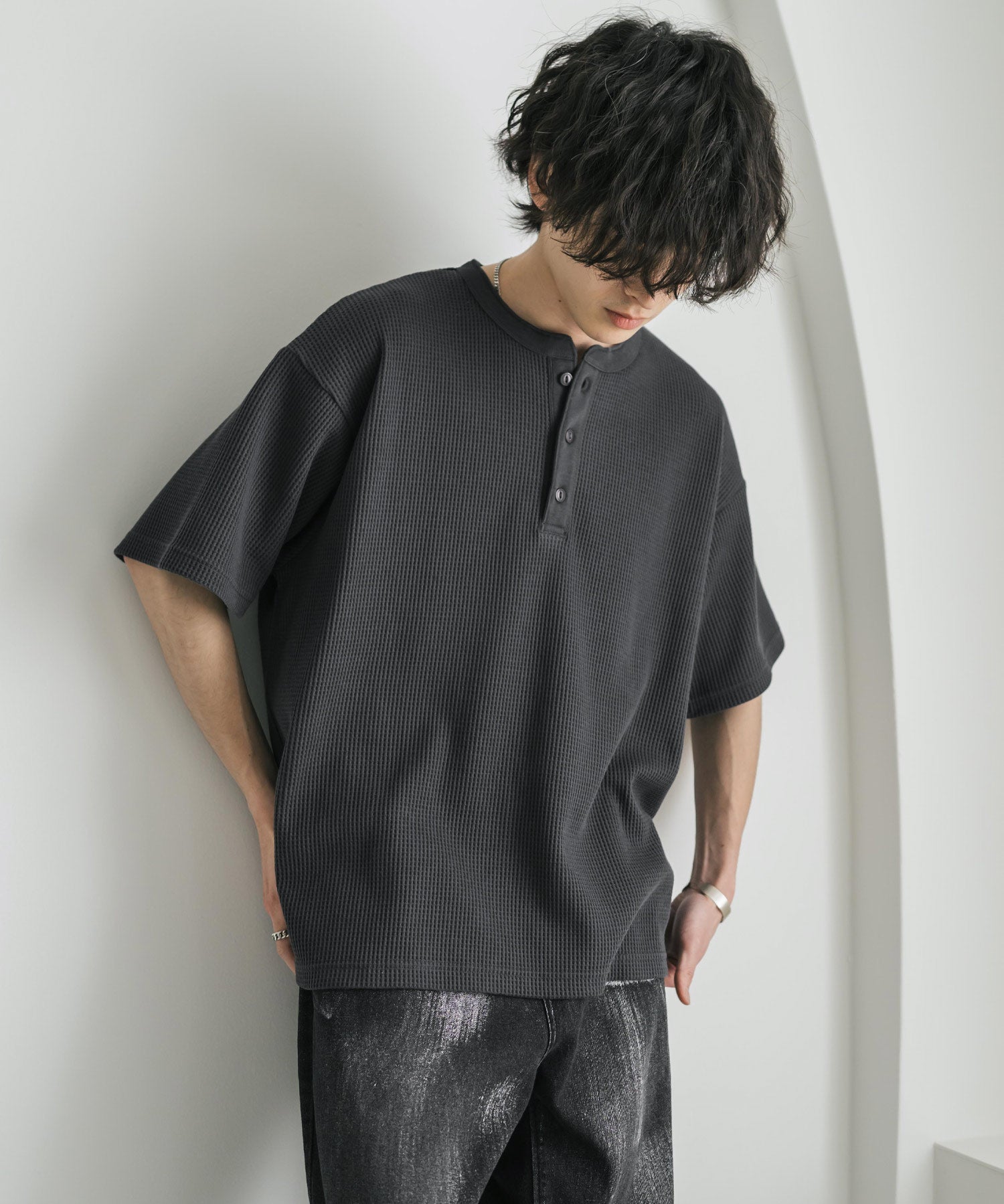 オーバーサイズ T/Cワッフルヘンリーネック半袖Tシャツ 15578