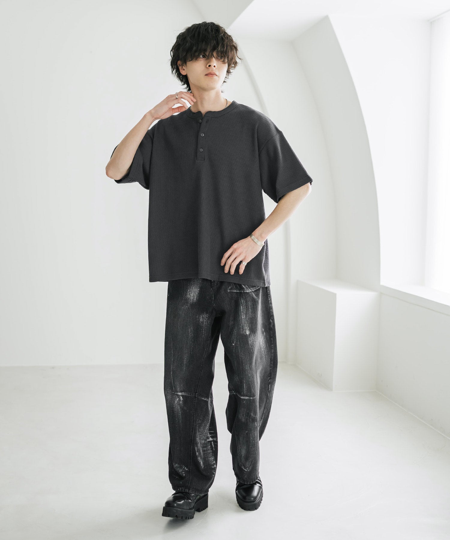 オーバーサイズ T/Cワッフルヘンリーネック半袖Tシャツ 15578