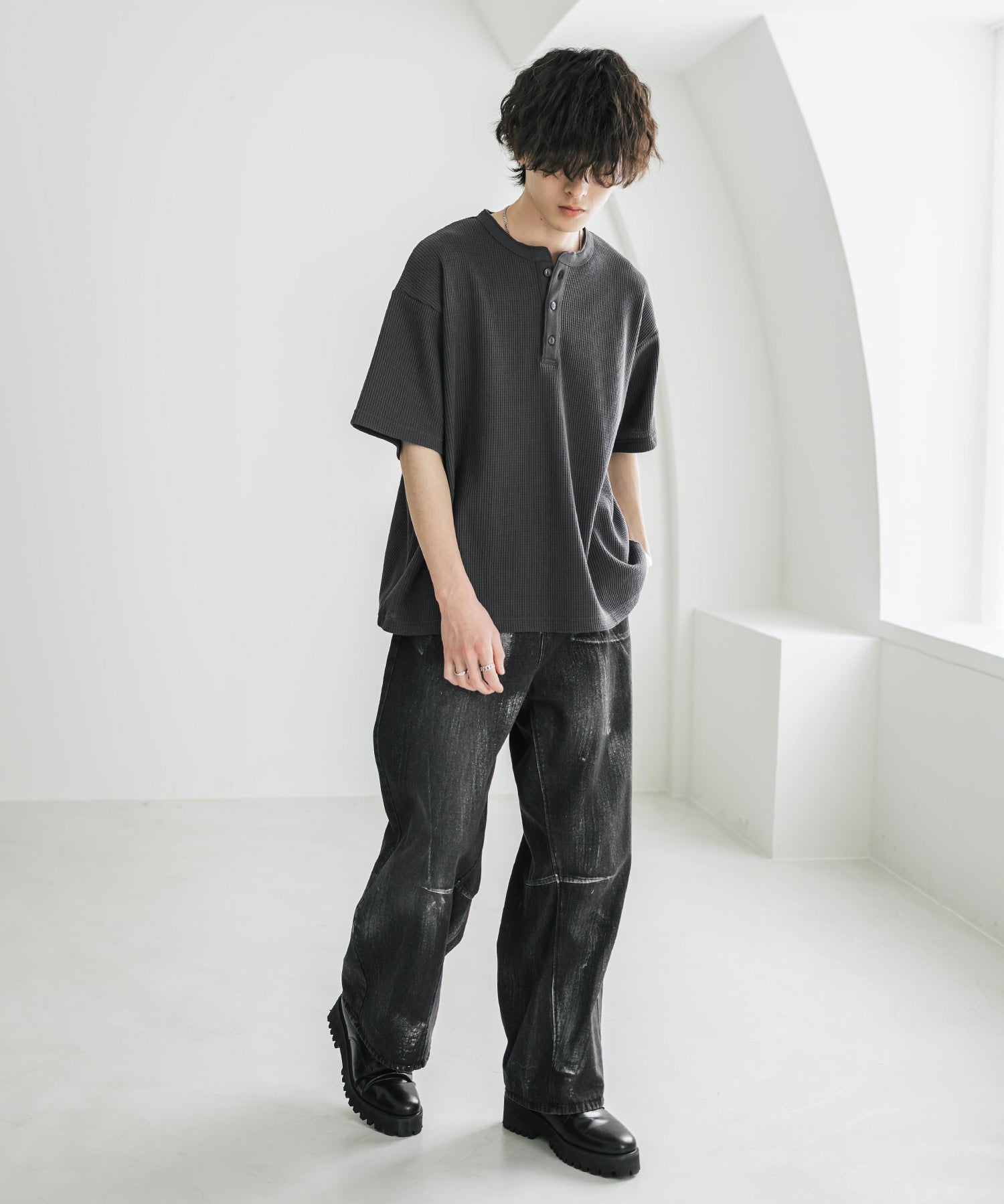 オーバーサイズ T/Cワッフルヘンリーネック半袖Tシャツ 15578