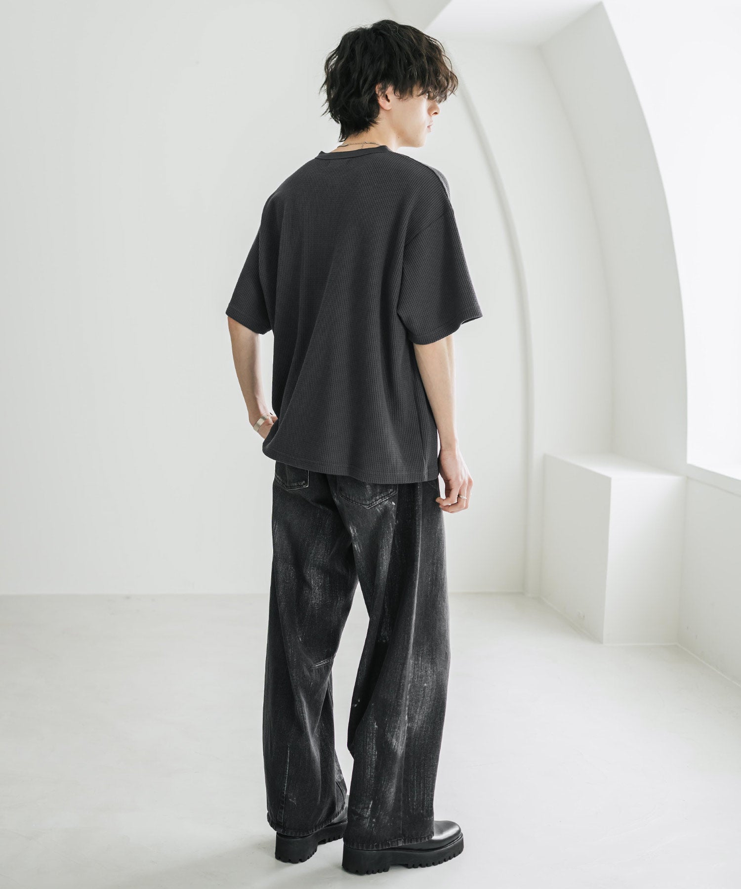 オーバーサイズ T/Cワッフルヘンリーネック半袖Tシャツ 15578