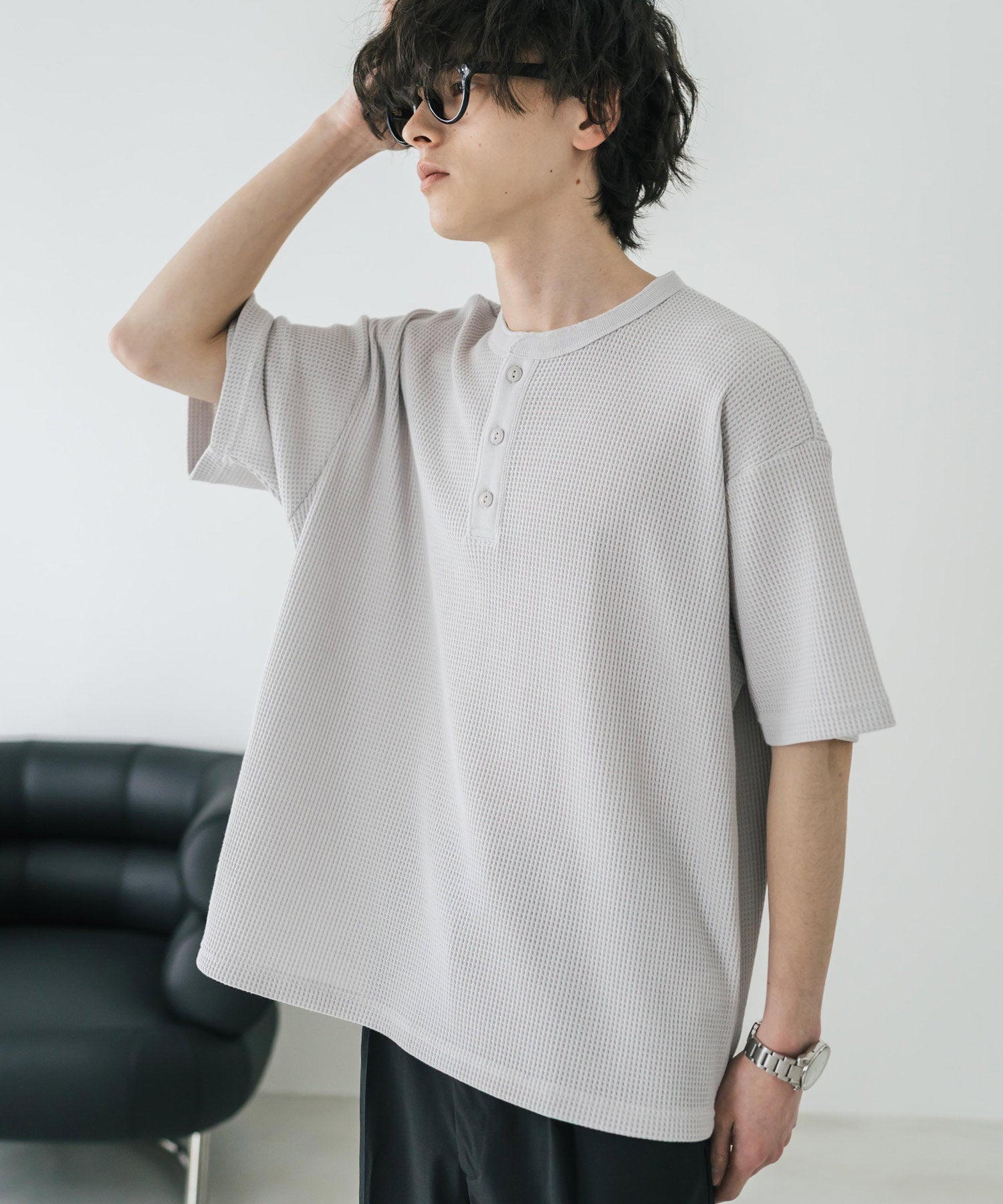 Cワッフルヘンリーネック半袖Tシャツ 15578