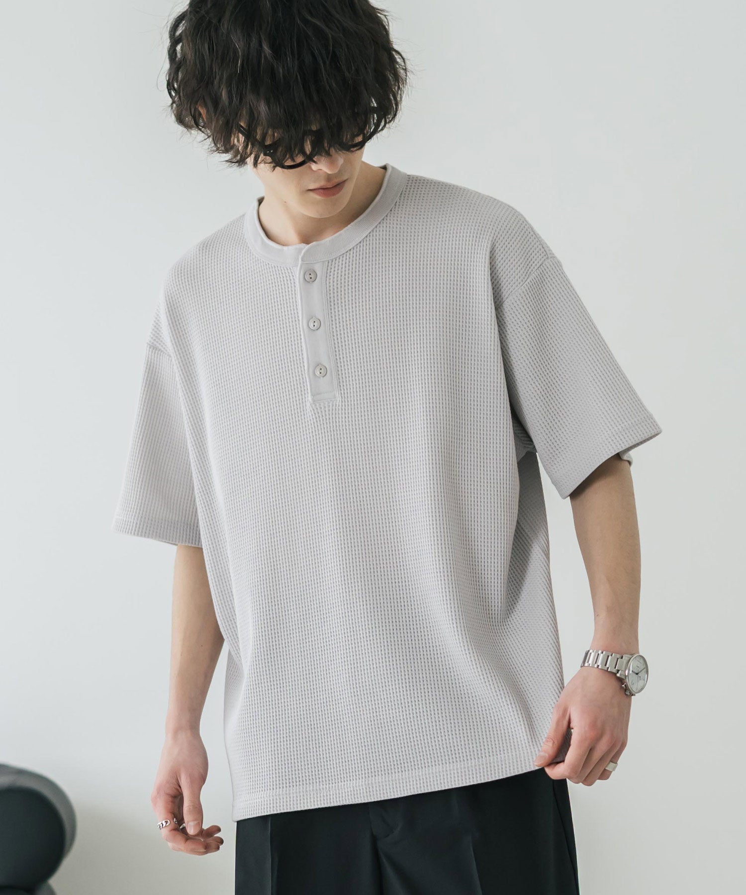 オーバーサイズ T/Cワッフルヘンリーネック半袖Tシャツ 15578