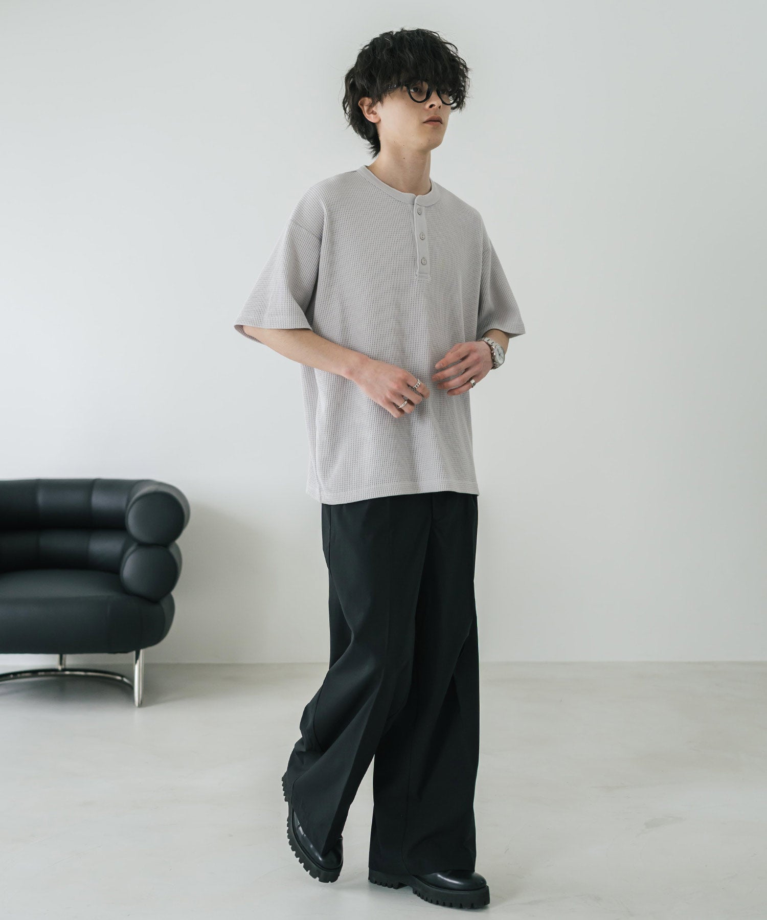 オーバーサイズ T/Cワッフルヘンリーネック半袖Tシャツ 15578