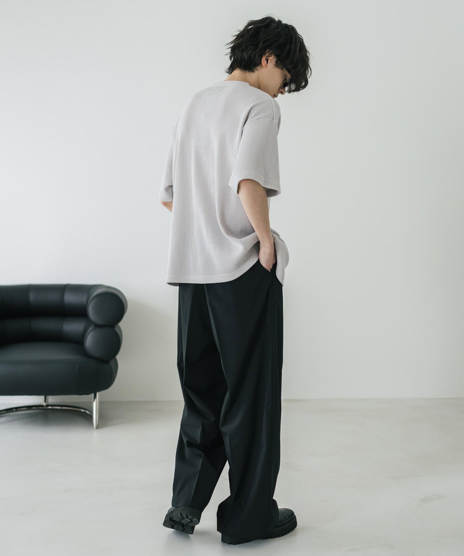 オーバーサイズ T/Cワッフルヘンリーネック半袖Tシャツ 15578