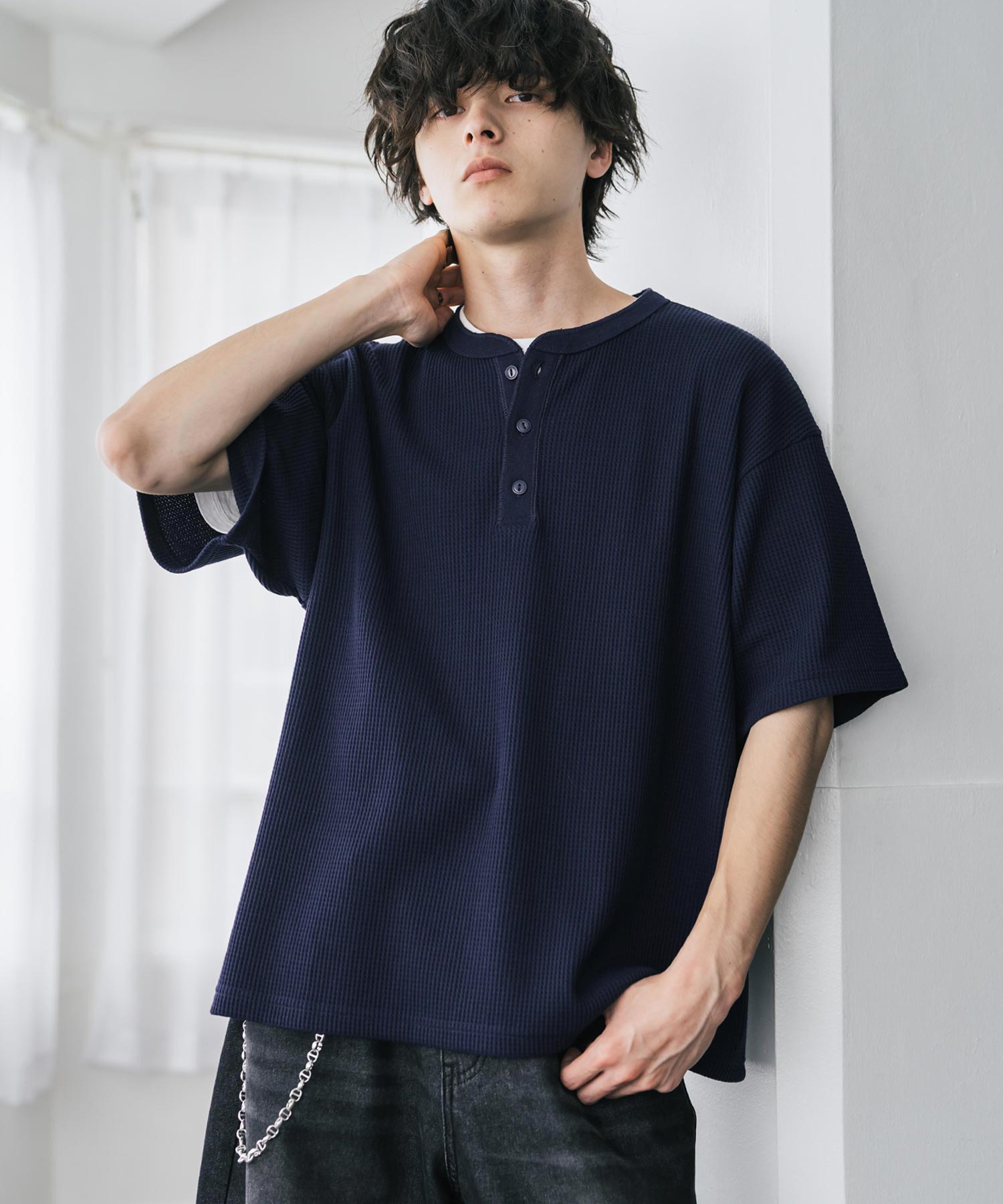 Cワッフルヘンリーネック半袖Tシャツ 15578