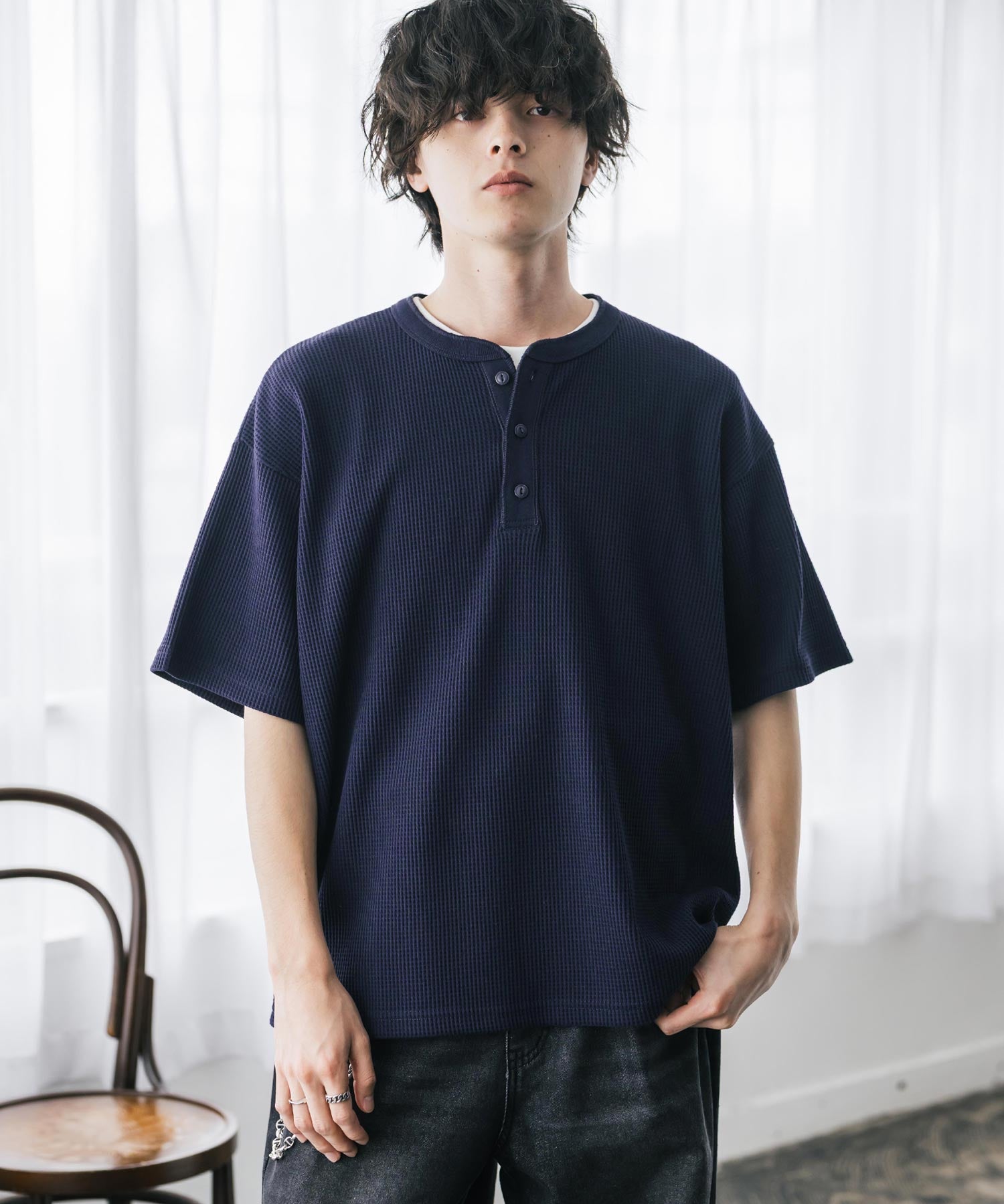 オーバーサイズ T/Cワッフルヘンリーネック半袖Tシャツ 15578