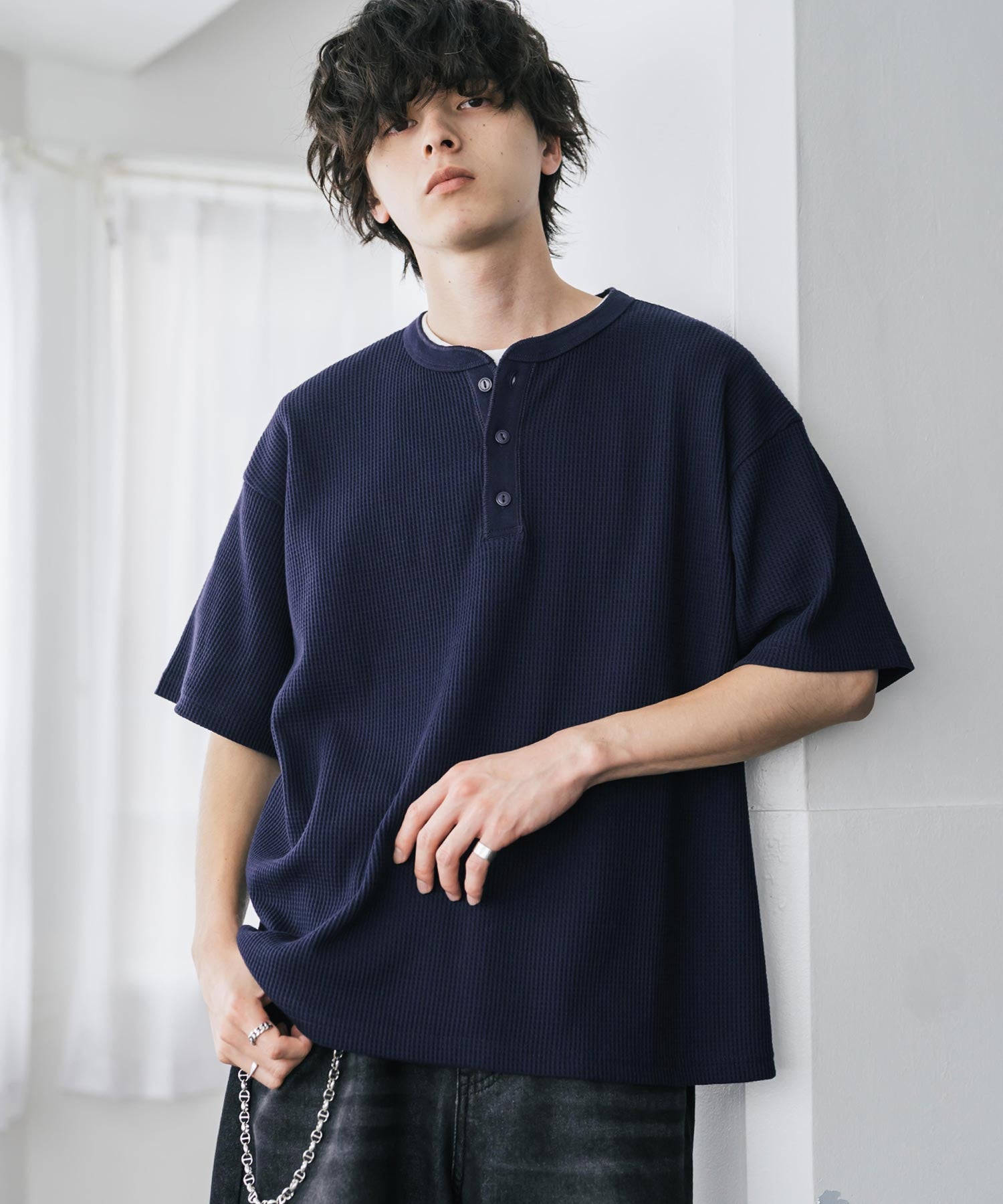 オーバーサイズ T/Cワッフルヘンリーネック半袖Tシャツ 15578