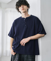 オーバーサイズ T/Cワッフルヘンリーネック半袖Tシャツ 15578