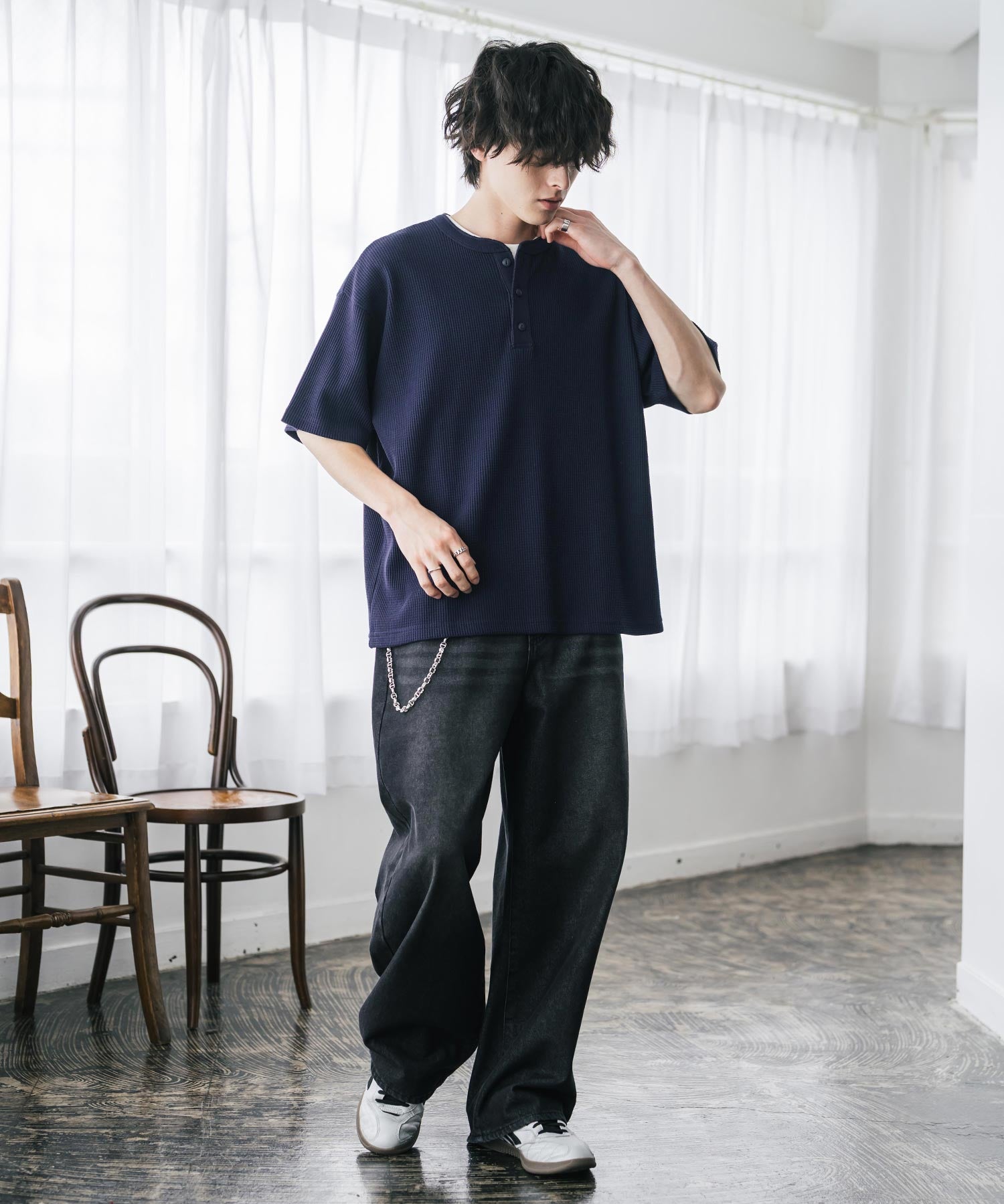 オーバーサイズ T/Cワッフルヘンリーネック半袖Tシャツ 15578