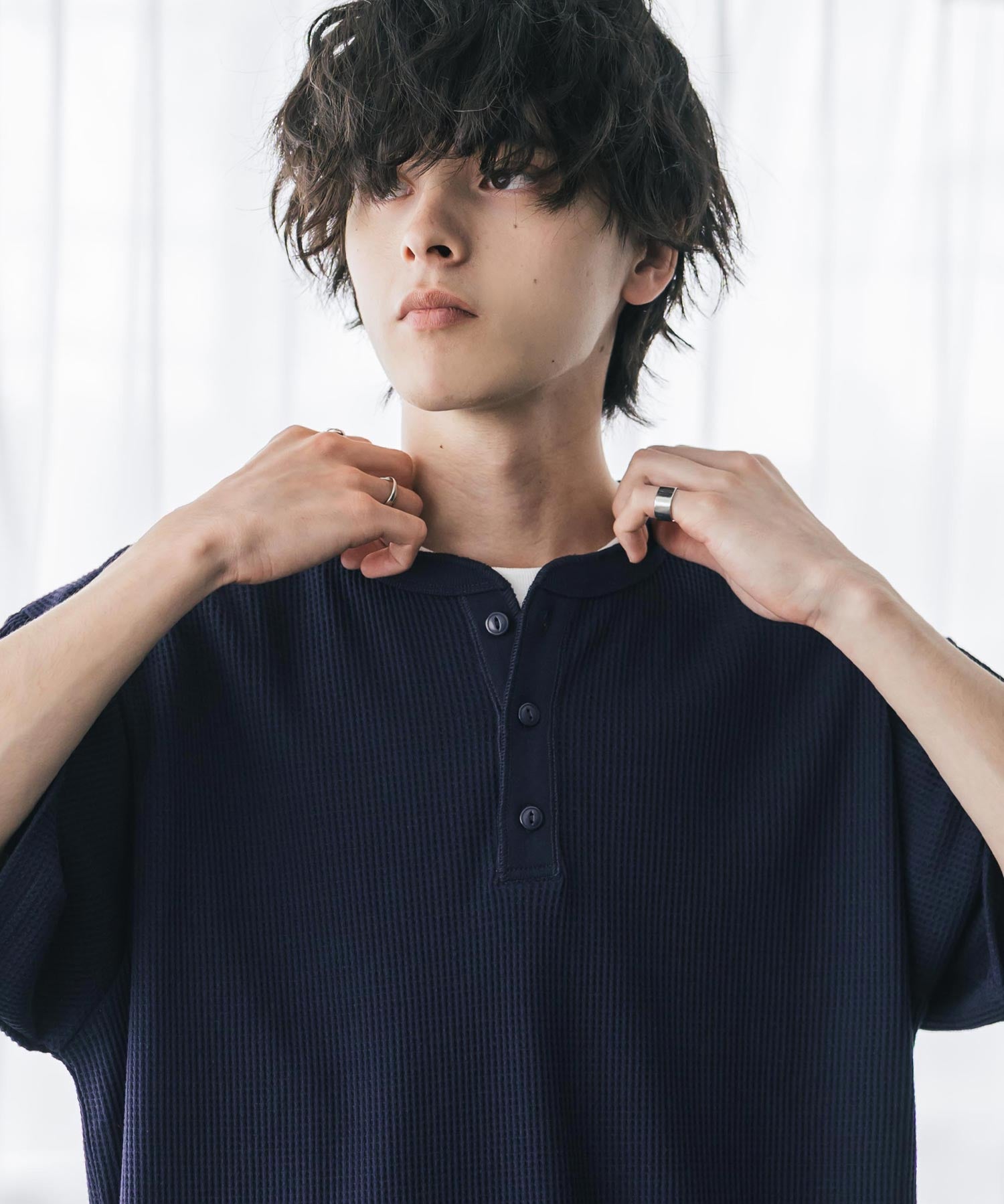 オーバーサイズ T/Cワッフルヘンリーネック半袖Tシャツ 15578