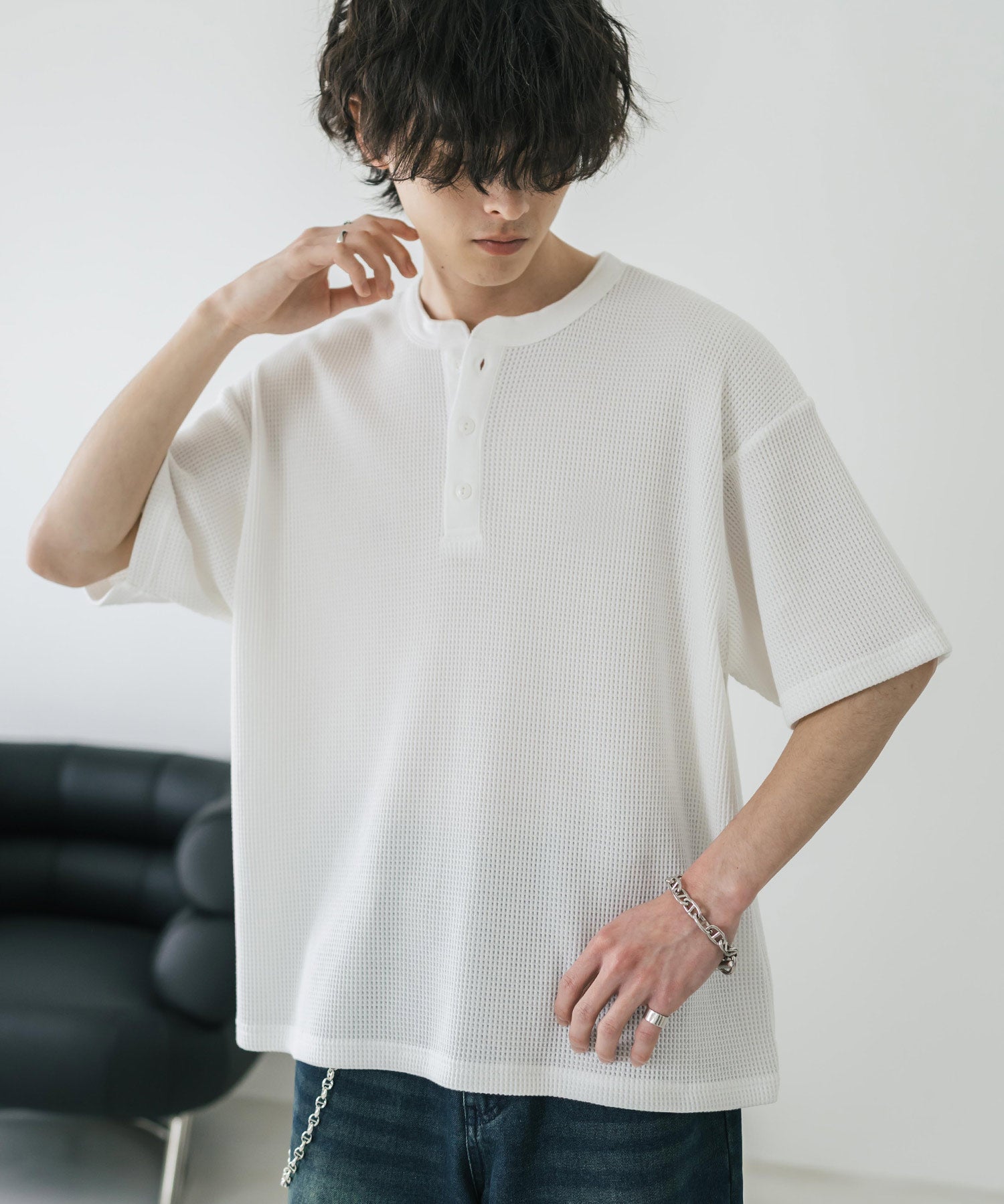オーバーサイズ T/Cワッフルヘンリーネック半袖Tシャツ 15578