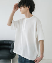 オーバーサイズ T/Cワッフルヘンリーネック半袖Tシャツ 15578