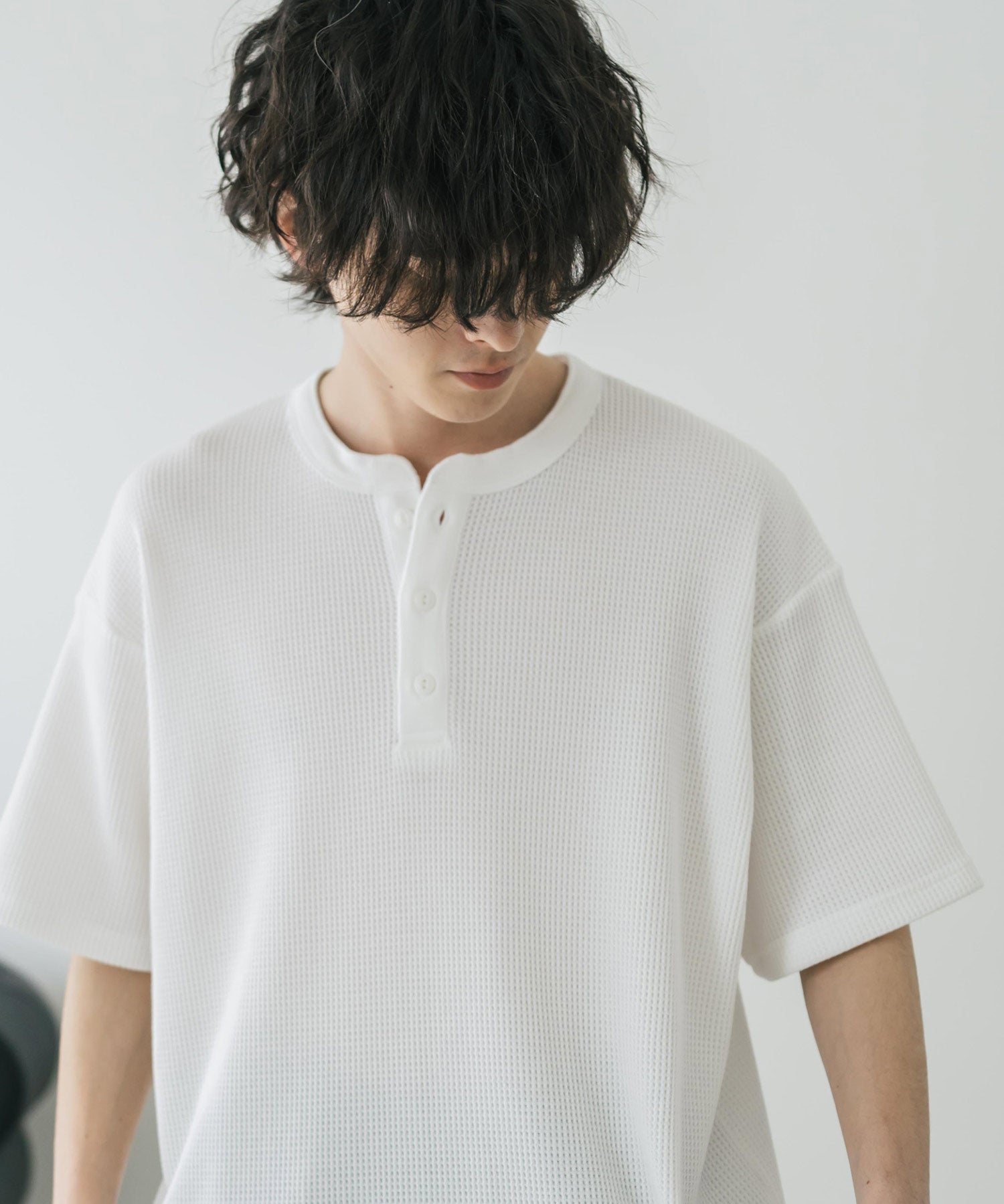 オーバーサイズ T/Cワッフルヘンリーネック半袖Tシャツ 15578