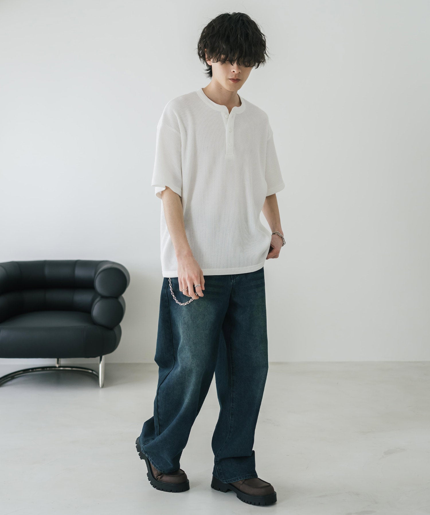 オーバーサイズ T/Cワッフルヘンリーネック半袖Tシャツ 15578