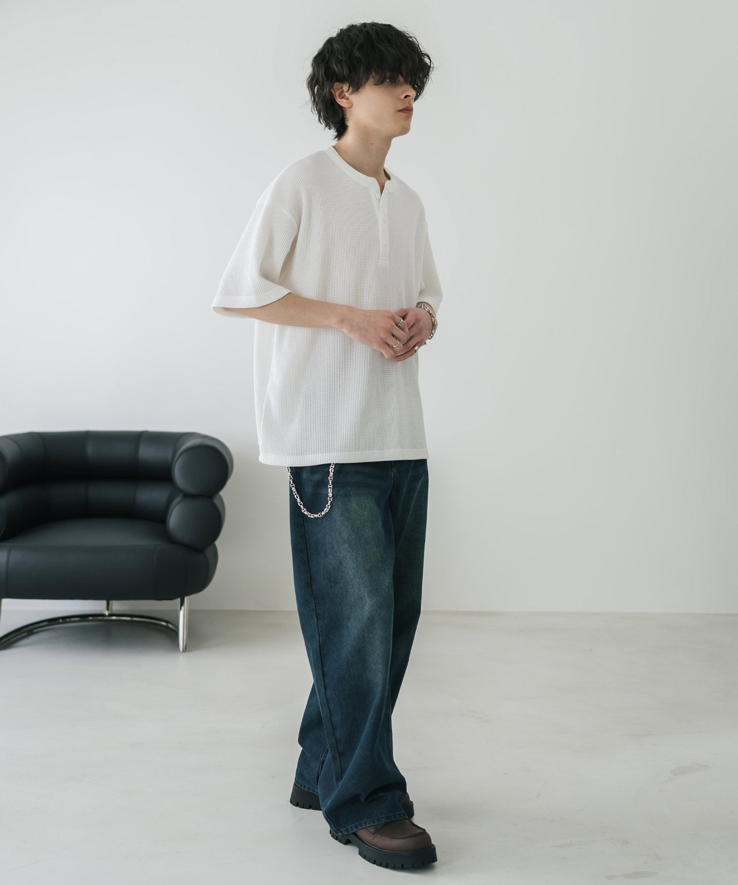 オーバーサイズ T/Cワッフルヘンリーネック半袖Tシャツ 15578