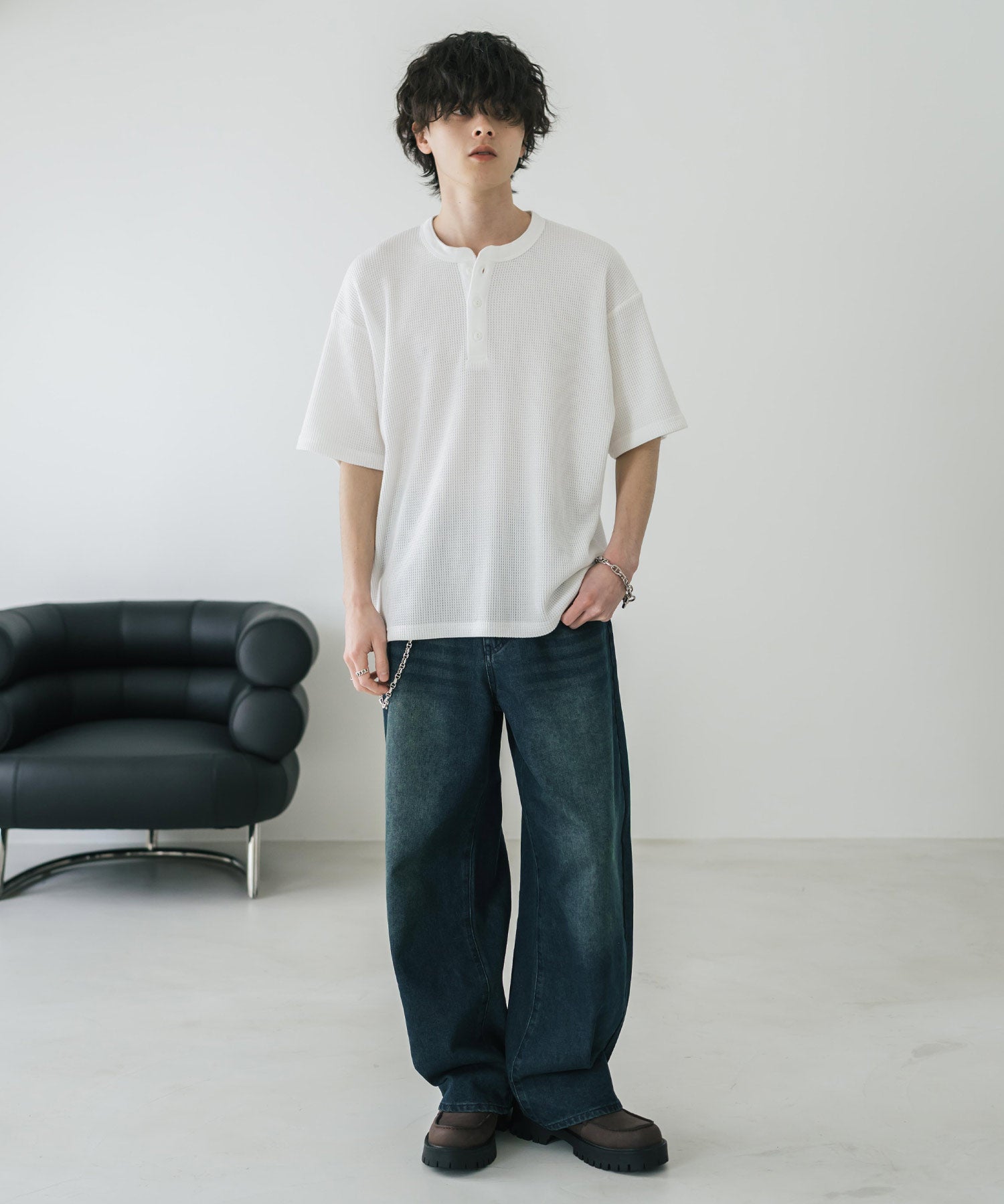 オーバーサイズ T/Cワッフルヘンリーネック半袖Tシャツ 15578