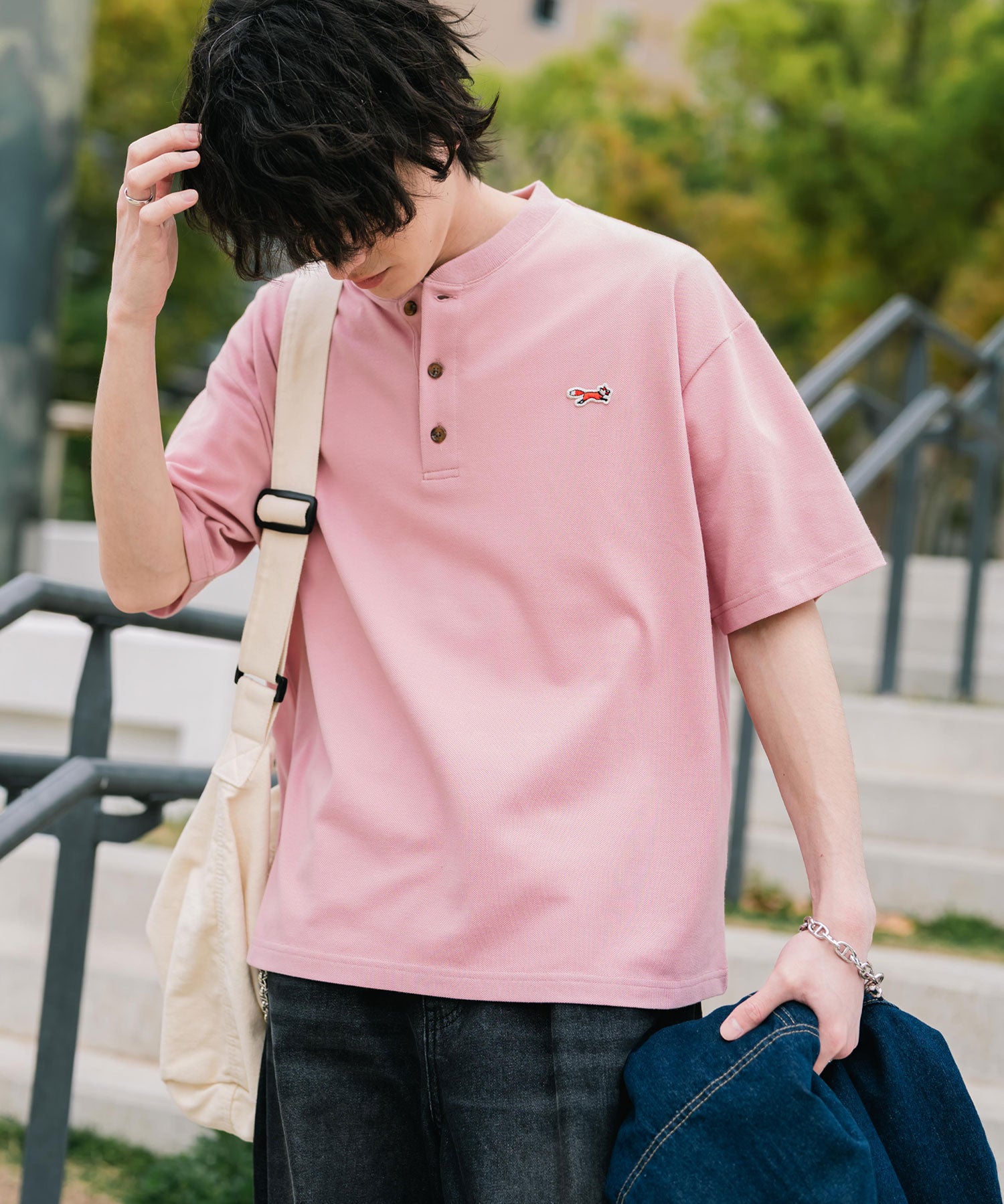 PENNEYS 別注コラボFOXワッペン鹿の子ヘンリーネック半袖Tシャツ 15620