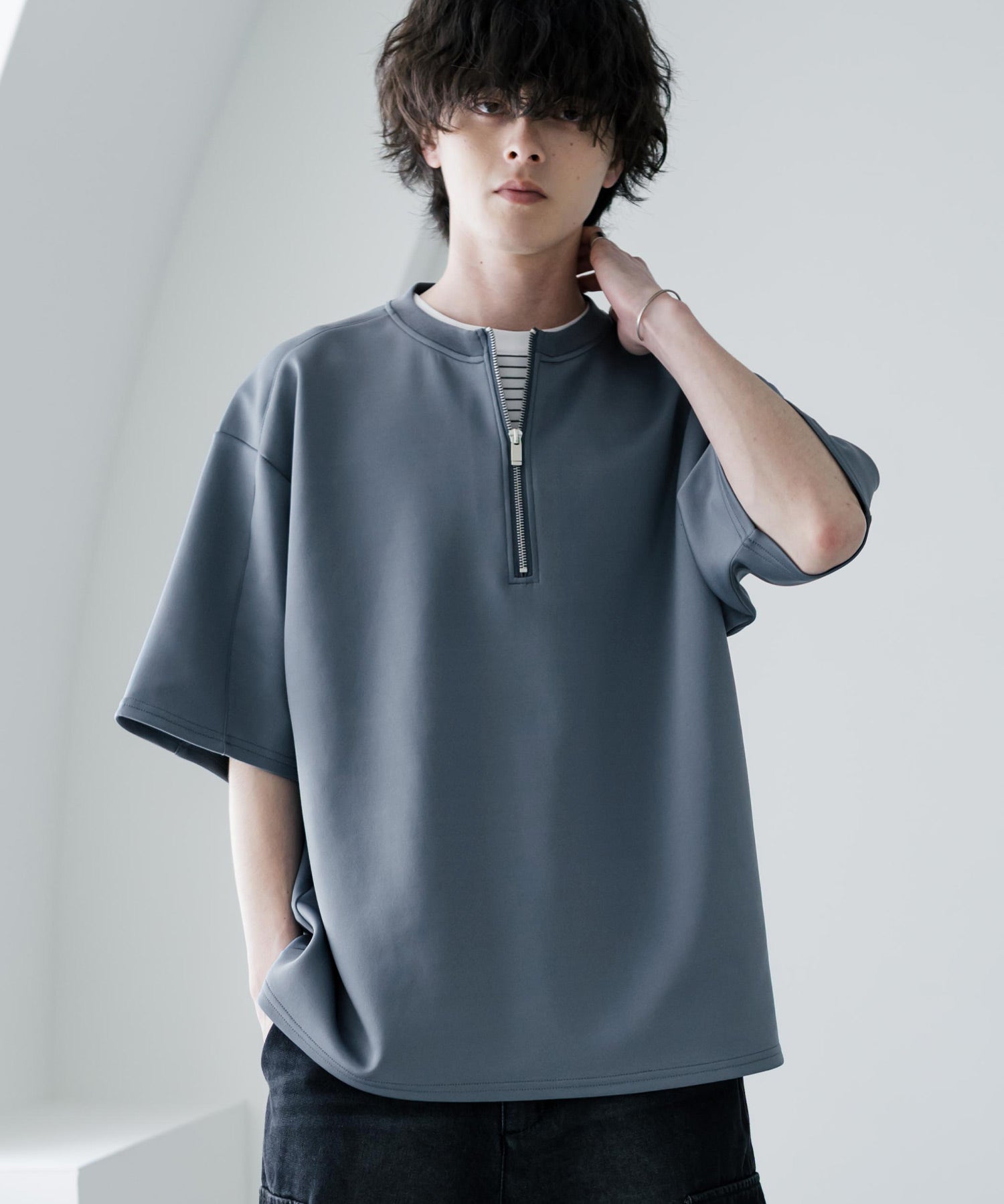 接触冷感 オーバーサイズダンボールハーフジップ半袖プルオーバーTシャツ 15624