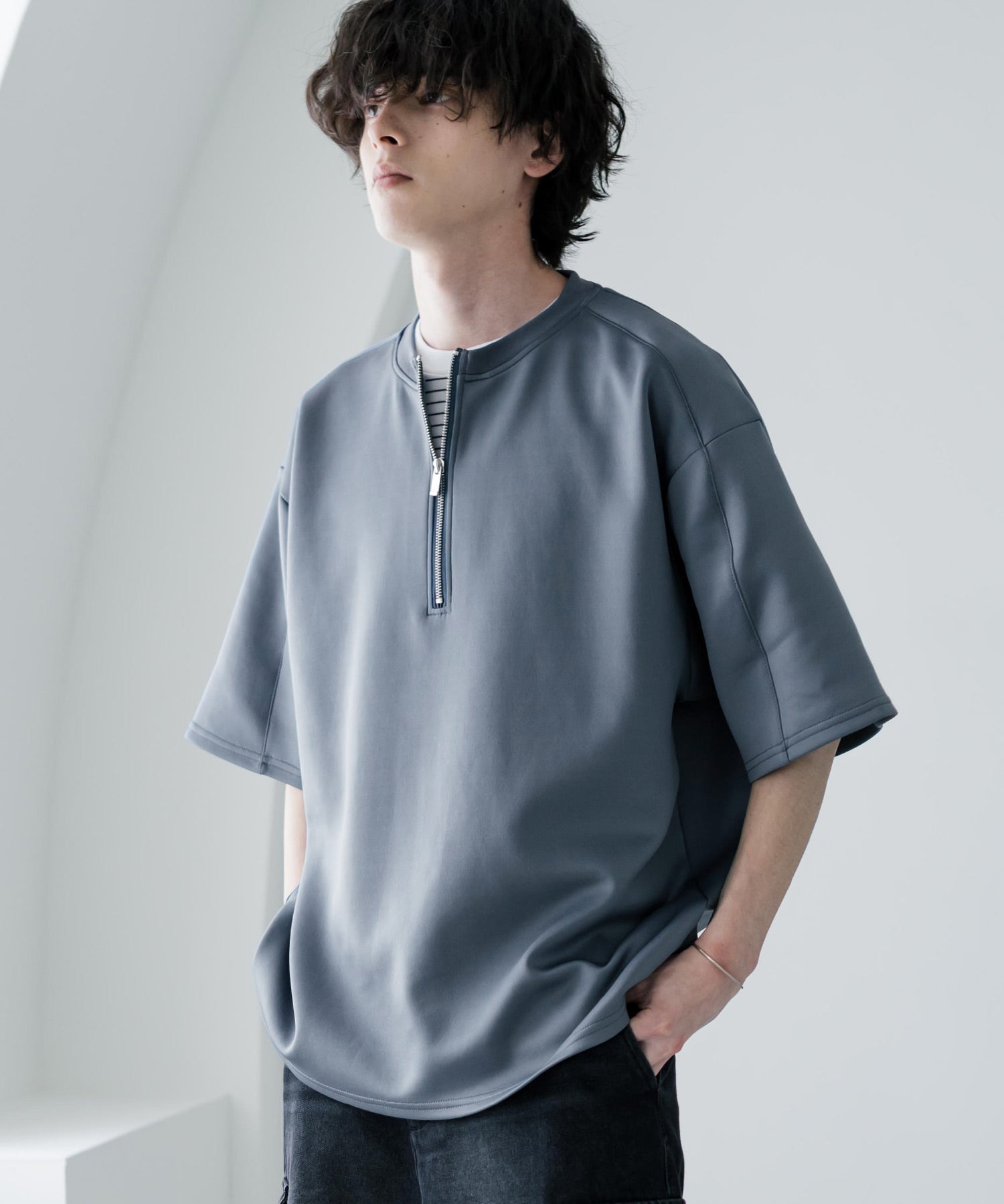 接触冷感 オーバーサイズダンボールハーフジップ半袖プルオーバーTシャツ 15624