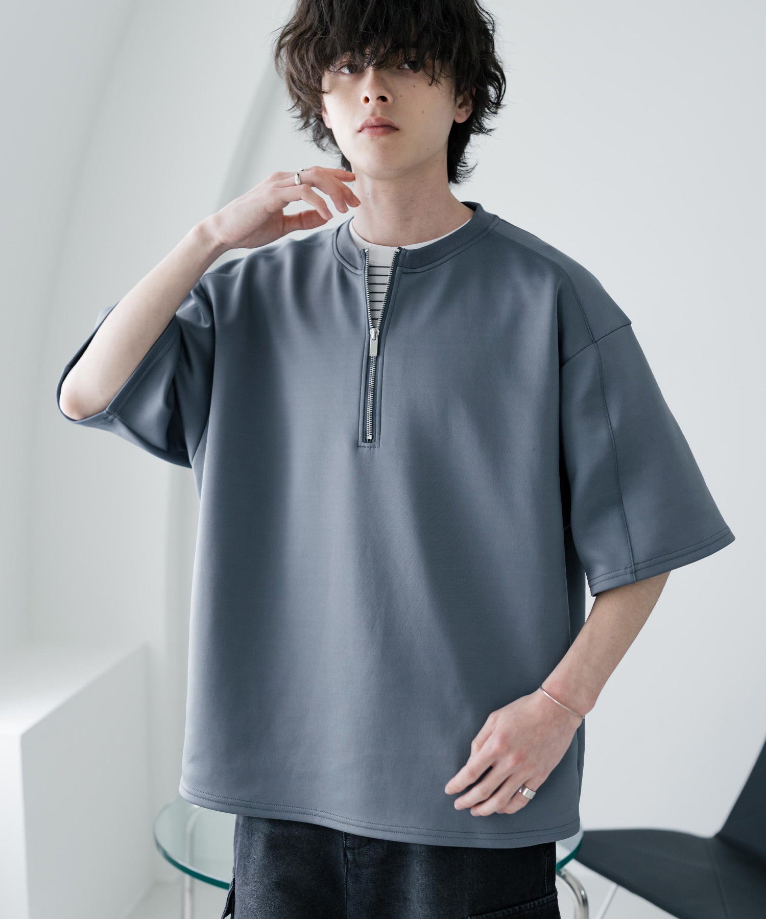 接触冷感 オーバーサイズダンボールハーフジップ半袖プルオーバーTシャツ 15624