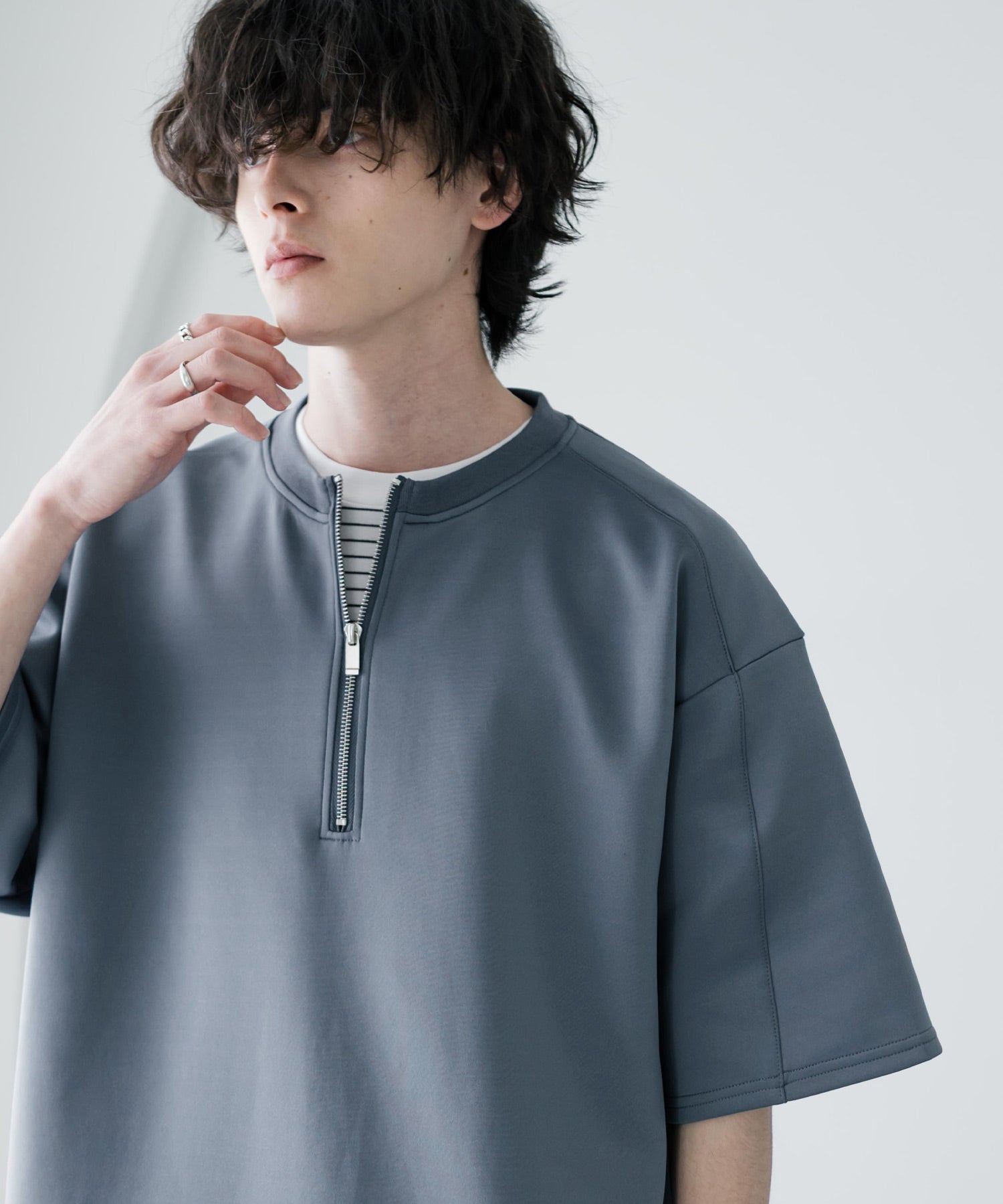 接触冷感 オーバーサイズダンボールハーフジップ半袖プルオーバーTシャツ 15624