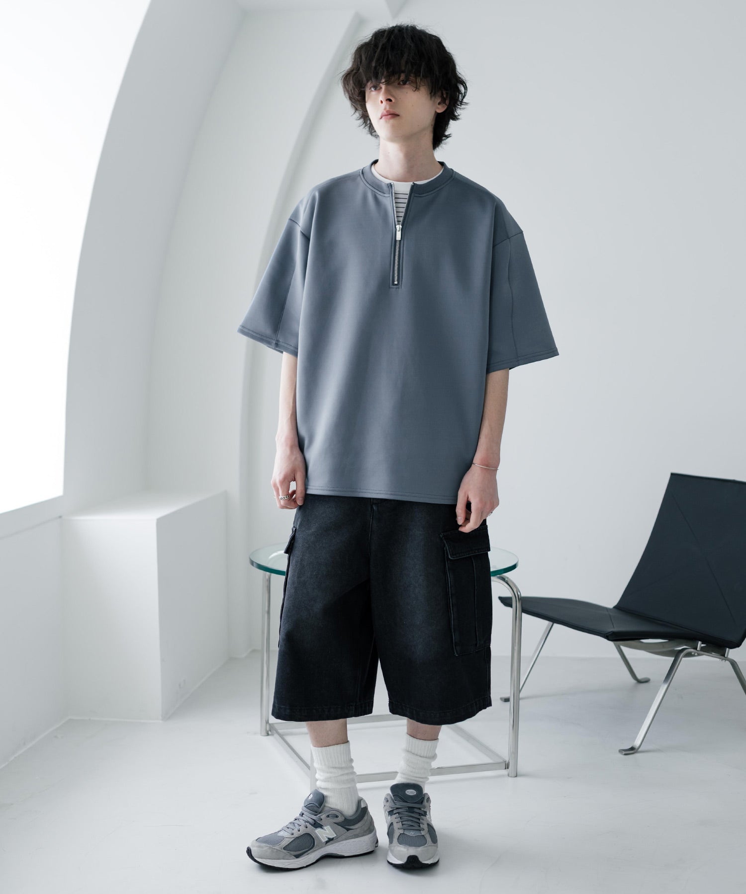接触冷感 オーバーサイズダンボールハーフジップ半袖プルオーバーTシャツ 15624